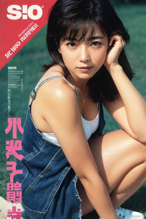 Analog Style, RAWphotograph, photograph, Hyperrealistic, amateur photo shot , Aesthetic artwork, ((Magazine Cover、Large text)), Detailed skin, detailed natural raw light, Very detailedな, cinematic, highest quality, Super detailed, Very detailed, grain, noise, Heading, stylish, Font, memorable、A boyish and healthy beautiful girl,((Flowing sweat)) Beautiful Eyes, Realistic eyes, Beautiful details in the eyes, (Realistic Skin),Japanese Idols、short hair、(((マイクロビキニ))、, (((Spread your legs)))、