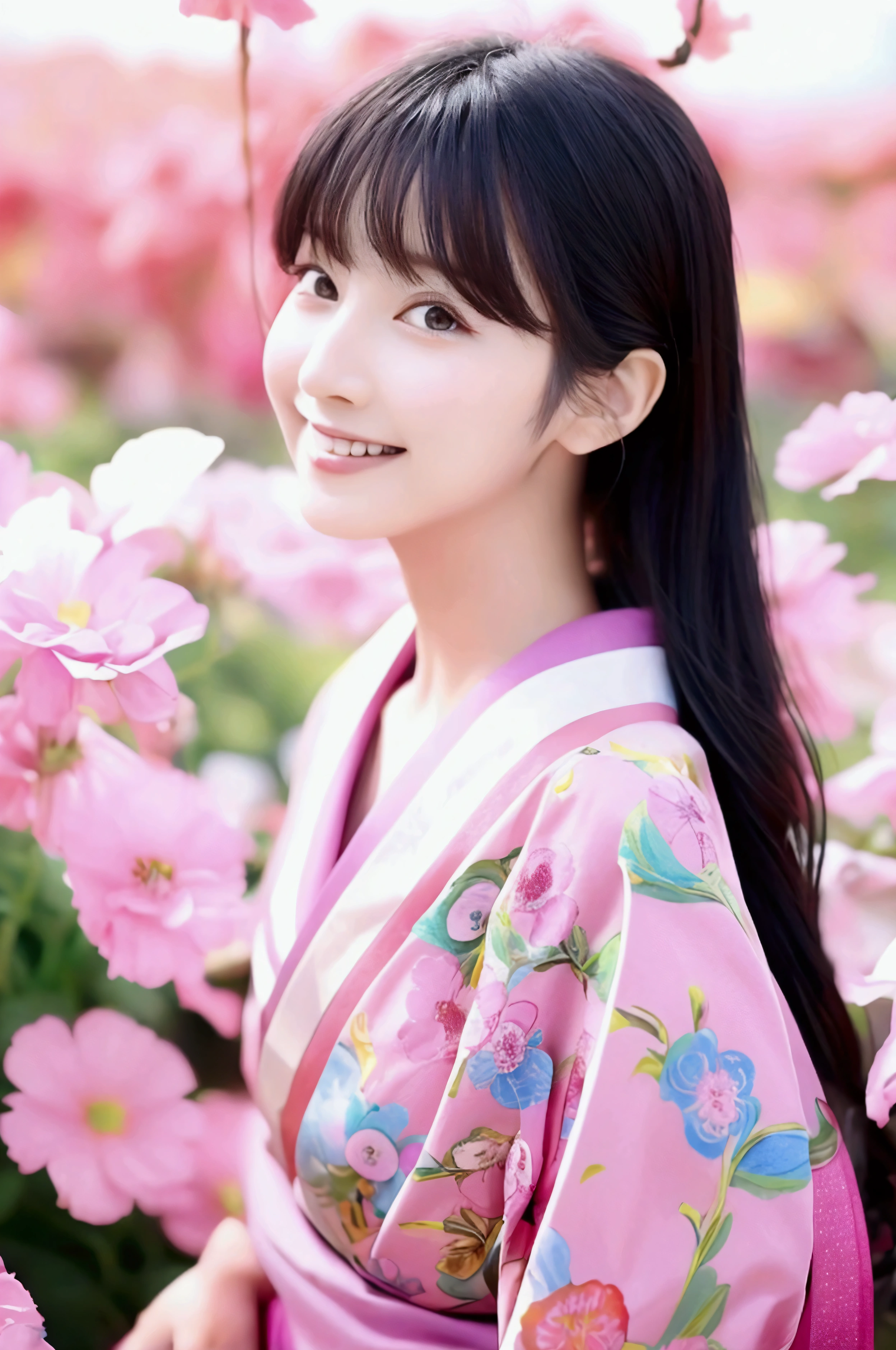 Colorful flower fields、smile、8K quality、Highest quality、Beautiful Eyes、Flowing black hair、Healthy body shape、Bright pink kimono、Soft natural light、Calm and gentle look、Colorful flowers in the background々、Traditional Japanese Beauty、Sharp details、Quiet and peaceful atmosphere