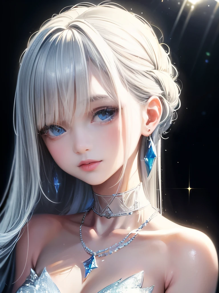 masterpiece, Highest quality, figure, Sax Blue, Platinum Earrings, Platinum Necklace, White Dress, One girl, cute, (Dynamic Lighting:1.2), Cinema Lighting, Delicate facial features, Detailed eyes, Sharp pupils, Realistic students, Depth of written boundary, Bokeh, Sharp focus, (Ultra-detailed, bloom, Shine:1.4), Lots of little gems