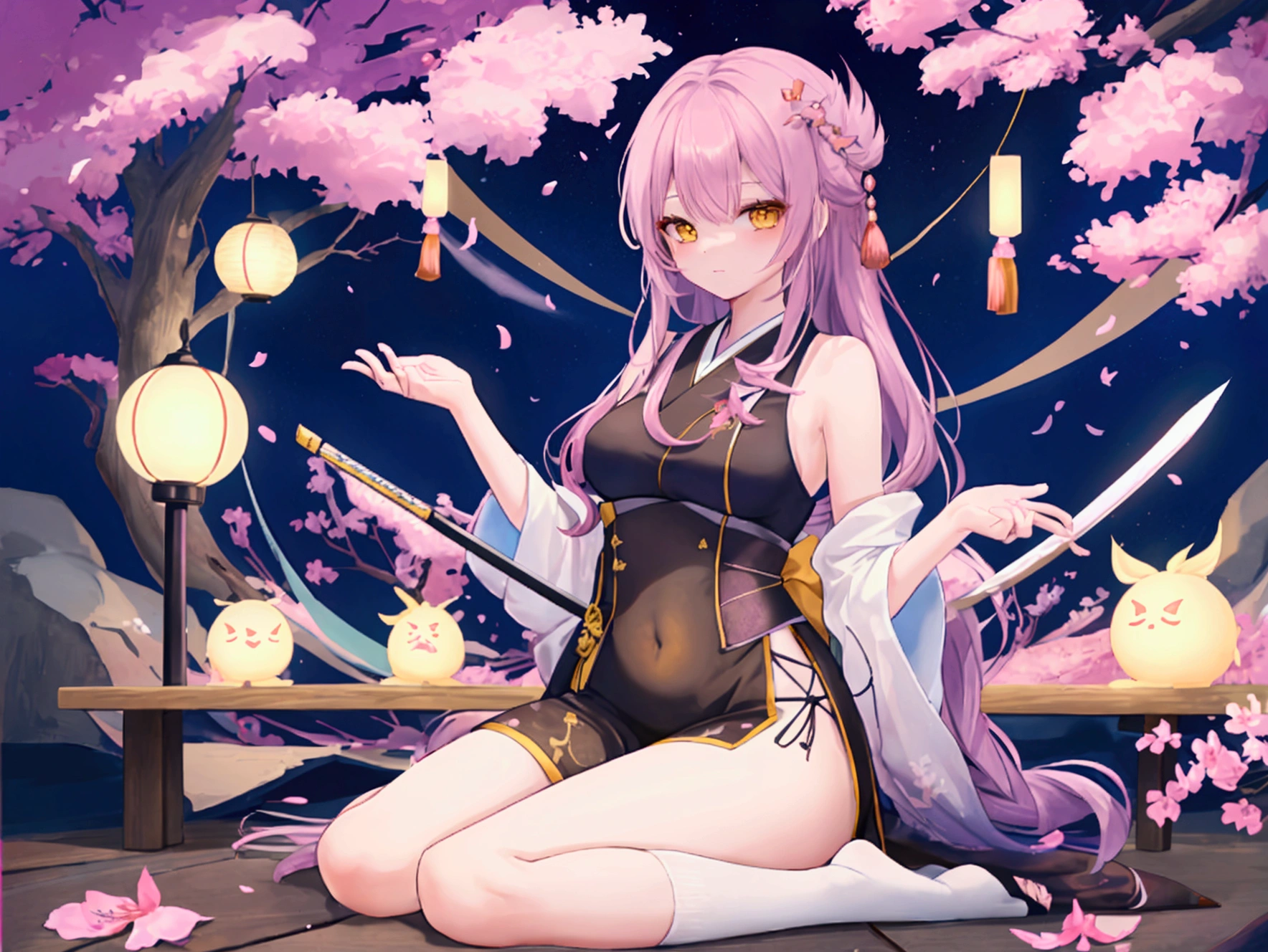 Girl, emale , detailed , {877171} brown color long hair , Yellow eyes , With bangs , A clever look , Leisurely , strong , I put binyeo in , Black sleeveless , Blue short cheongsam , Short white socks , Blue Japanese Slippers , Lycoris radiata , night background , Cherry Blossom , Pianhua , Orientalism , Japanese sword , death , anime character , illustration , solo , 1명 , 앉아있는, 산 속 , 나무 의자에 앉아있는 , 묘당 , 무당 , 순한 눈매 , 웃고 있는 , 큰 가슴 , 가슴이 큰 , 18+ , 19+ , 성인 , 성숙한 , 섹시 , 섹시한