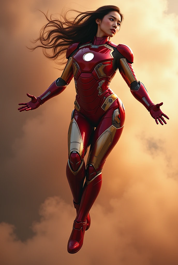back view, girl dressed as Iron Man from Marvel, big breasts, back view, full-length, looking at the camera, facing the audience, standing pose, simple background, three-dimensional light, detailed full-body concept, sleek digital concept art, beautiful full-body concept art, art trend, full-length CGsociety,