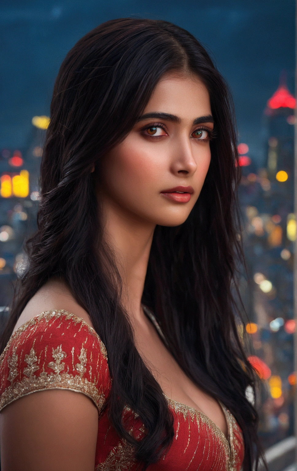 masterpiece, best quality, extremely detailed, cinematic lightning, intricate detail, highres, official art, finely detailed beautiful face and eyes, high resolution illustration, 8k, depth of field, bokeh, solo, 1girl, a girl with black hair and red eyes, long white hair, beautiful red eyes, beautiful landscape, rainy city, upper body, looking at viewer, close up, pooja 