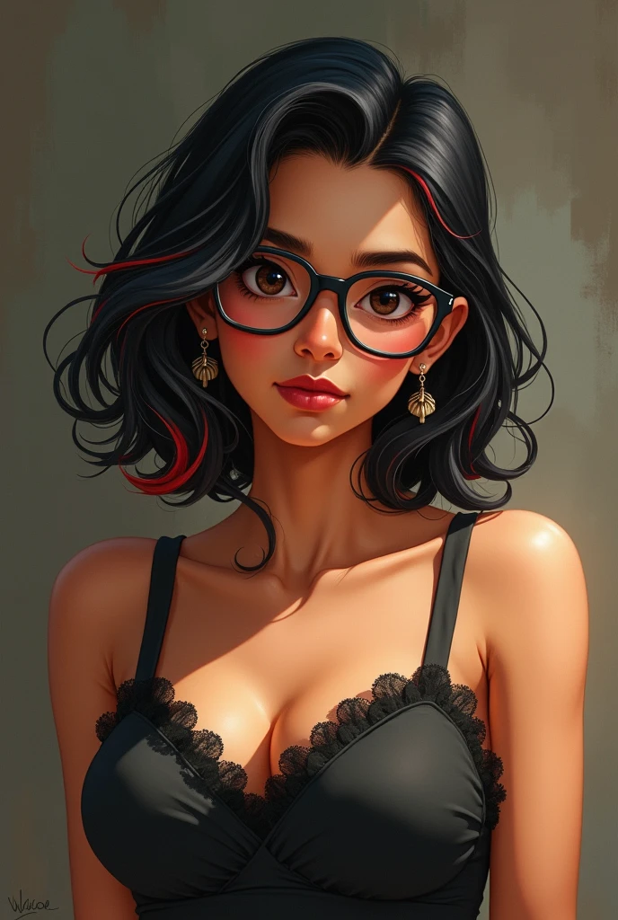 a draw of an brazilian girl with dark eyes sampaku, brown light skin, long straight dark hair without bangs, wearing a pink tank top and glasses