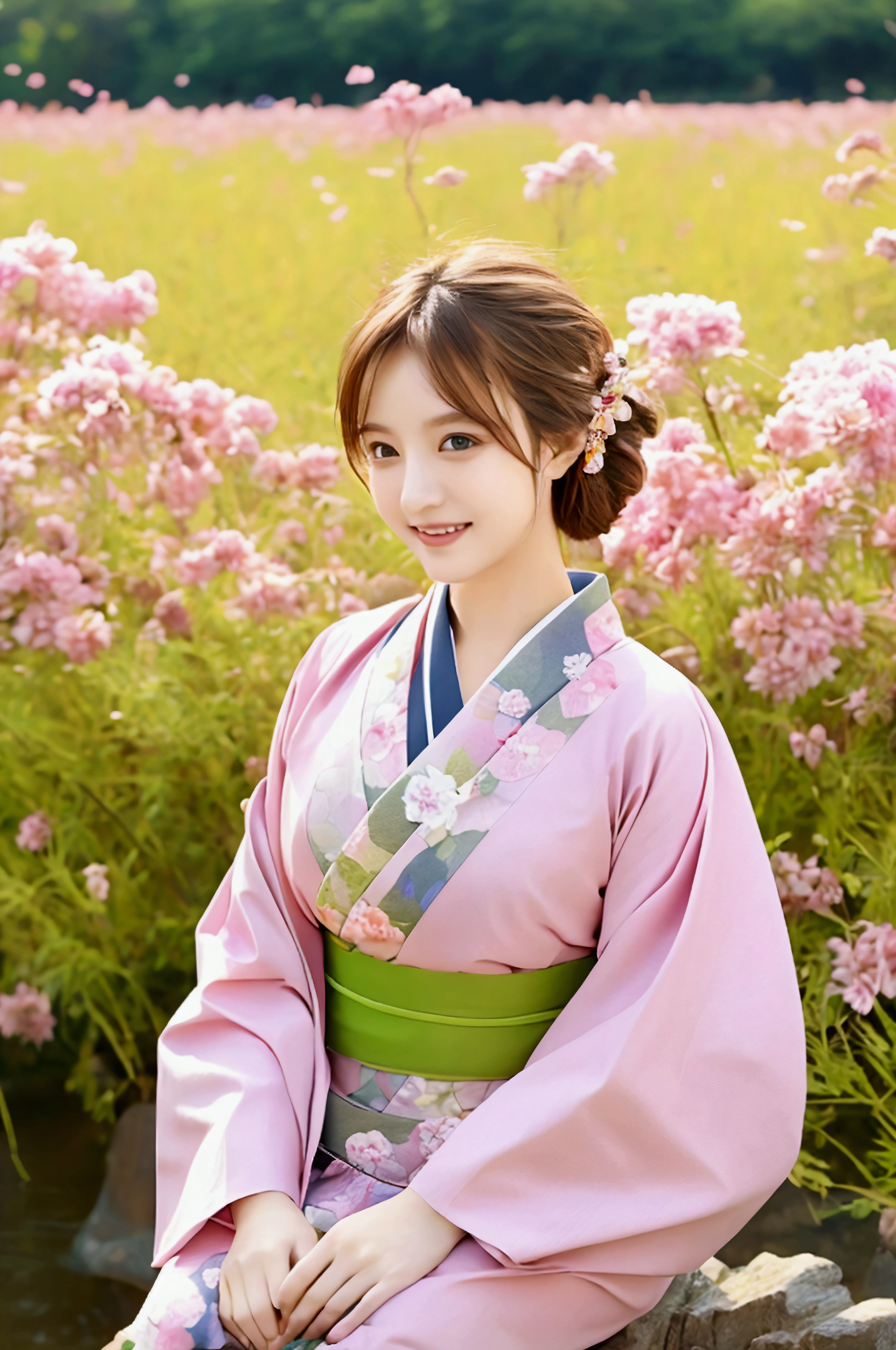 Pink base, smile, 最high quality、high quality、Best image quality、8k、最High resolution、High resolution、Colorful flower fields、Flowing brown hair、Bright green kimono、Realistic photos, Healthy body, Beautiful Eyes, Colorful kimono, Calm expression, Soft lighting, Traditional Japanese Beauty、Sharp details、静かでPeaceful atmosphere, Vibrant colors, Peaceful atmosphere, Delicate features, Graceful posture, Beautiful Landscape