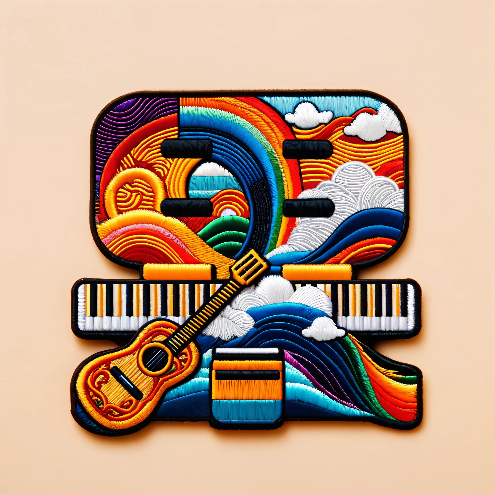Simple monochrome background，One rainbow embroidered patch，Guitar，keyboard，microphone，Waves，Clouds，Exquisite Chinese pattern