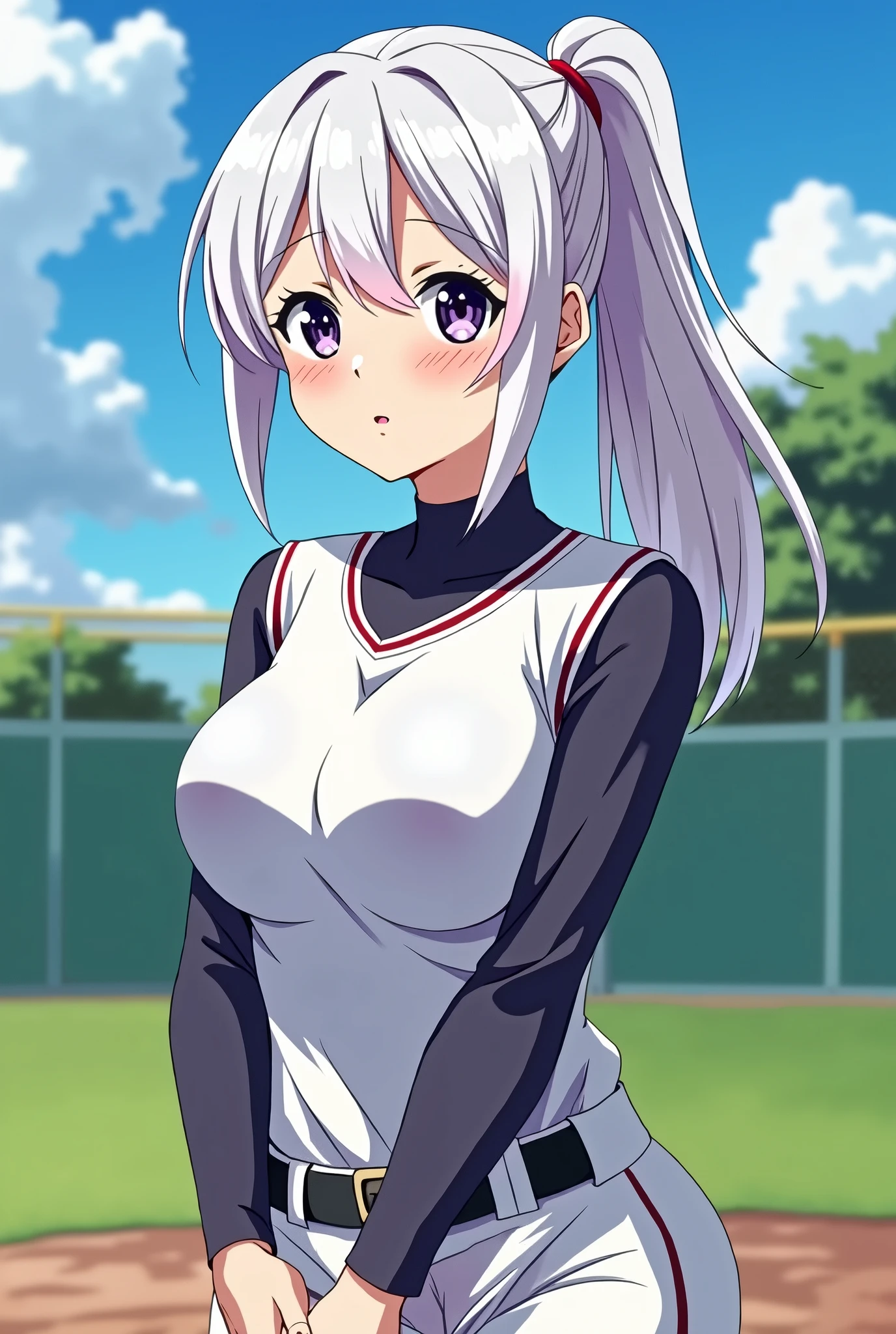 mastute piece,Best Quality,insanely detailed,8k cg,nsfw,
(shoot upper body:1.3),
(1girls:1.3),standing,looking at viewr,body in front,both arms behind back,(baseball uniform:1.3,baseballcap),(bare breasts:1.1),(bare nipples:1.1),
break,
blush,shy,(ecstasy face),(trembling:1.2),break,(light white hair:1.2),
break,
perfect breasts,perfect teats,(open mouth:0.9),(large breasts:1.2),
(stadium),