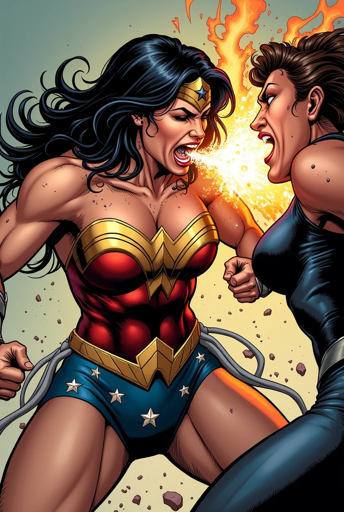 Now create for me a fight scene between Wonder Woman and Super Girl where they are injured by the course of the fight and with their uniforms torn, Super Girl has her top torn showing part of her breasts, preparing to punch Wonder Woman who in turn is already without her top with her breasts showing with one movement. I want the scene detailed and that follows the text.