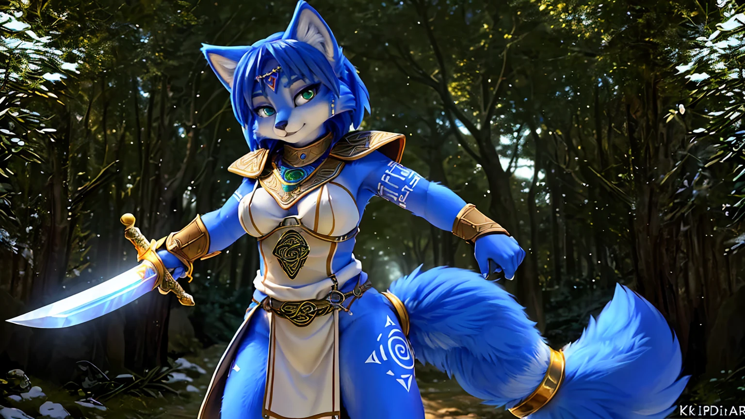 a picture of ((krystal)), Star Fox krystal, lovable, green eyes, medium breasts, (((Long blue hair 1.3))), Decollete, anthro, furry, Uploaded E621, detailed fluffys fell, (von Fluff-Kevlar, Bayard Wu, Pino Daeni), detailed face, (fluffy), 1 girl, alone, sweet girl, alone, ((​masterpiece, highest quality, Highest image quality, High resolution, photorealestic, RAW-Foto, 8k)),  standing in the winter, Winter Wald, (((Wears Celtic medieval warrior clothing))) ,(((holding sword))) , (((complete outfit))), (((ready for battle))), wearing armor, dynamic movement