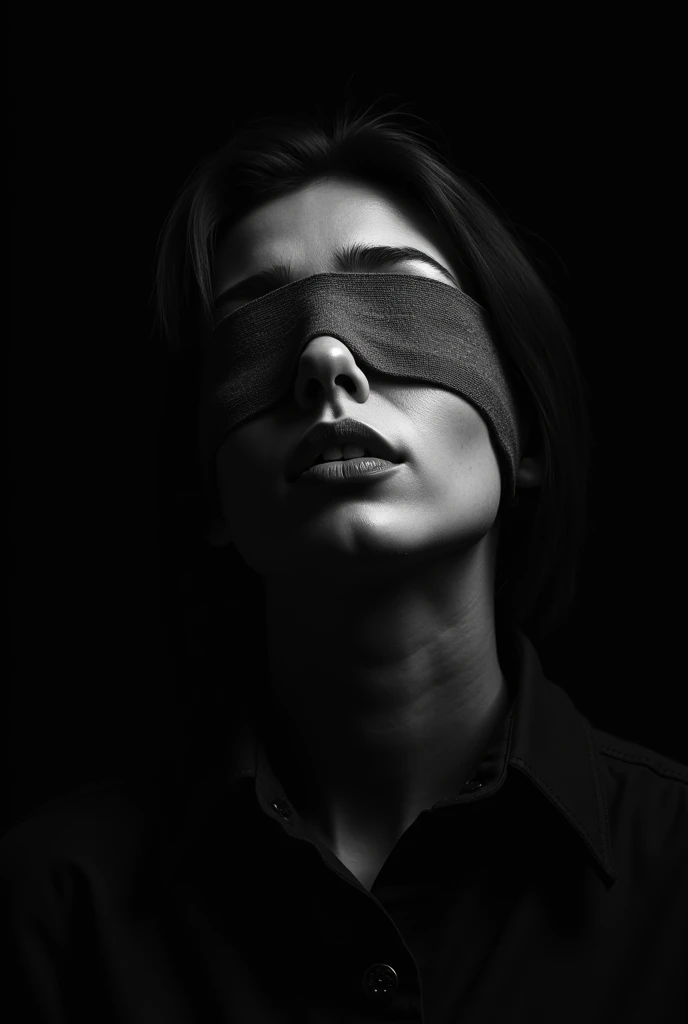 beautiful woman, young, beautiful hair, blindfolded, cloth covering her eyes, realistic woman with full lips, sexy face, dark background, sexy ,with eyes covered by a satin blindfold