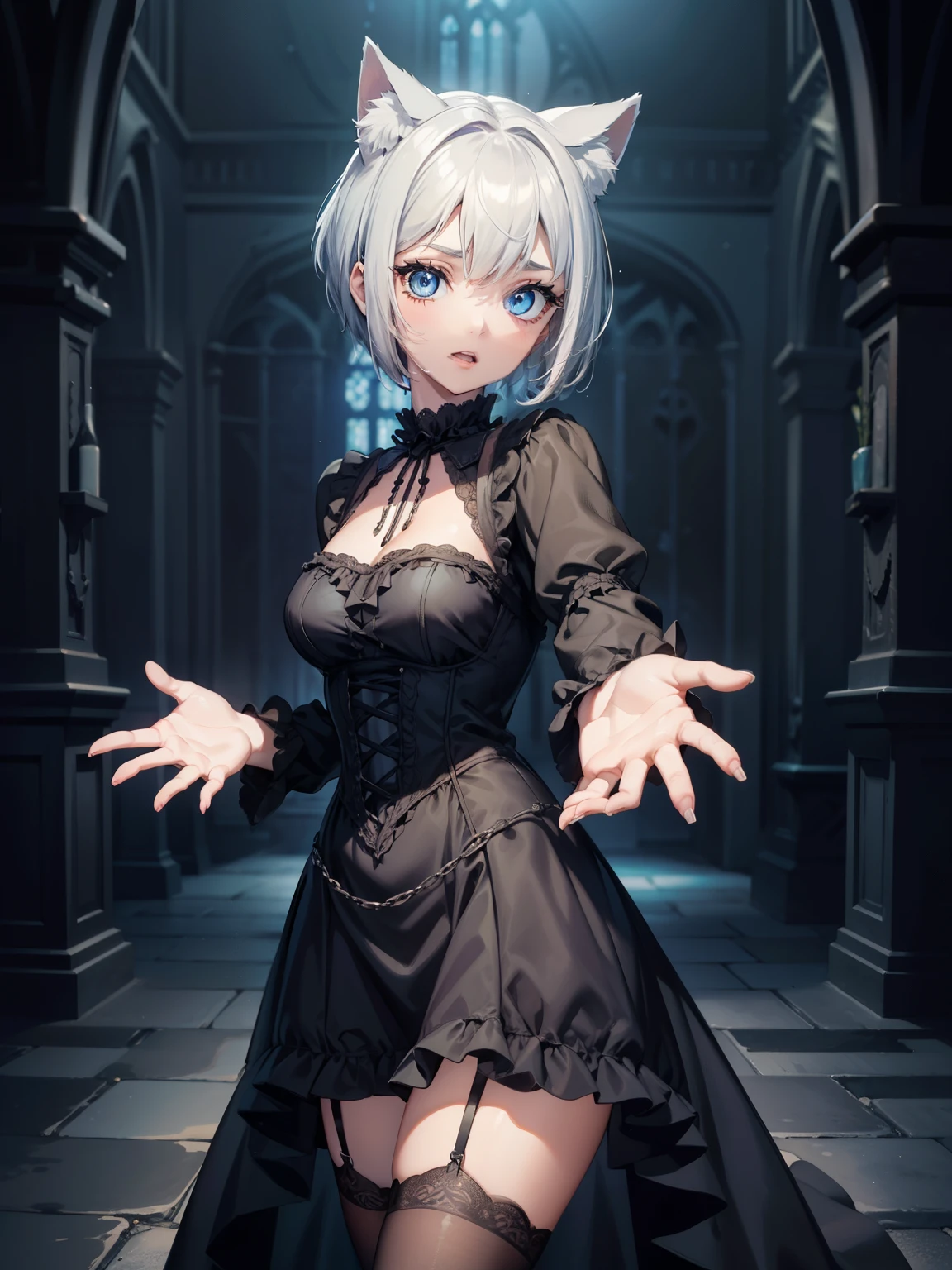 (masterpiece), (best quality), (High quality), high resolution, BREAK expressive eyes, perfect face, 1girl, grey cat ears: 1.5, medium hair, grey hair, pixie cut, BREAK, big eyes, perfect eyes, blue eyes, thick eyelashes, thin eyebrow BREAK short height, slim bulid, calm:1.3, singing, open mouth, (hands reaching to the viewer:1.5) medium breasts, BREAK (black gothic dress:1.4, long dress1.4), black stockings:1.4 BREAK cowboy shot, view from front, standing, (very dark gothic room:1.5), 