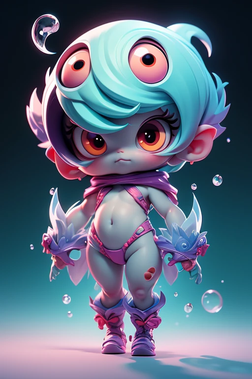 Create a monster image, a small, big-headed, baby monster.. The body is transparent and can be seen through. The image is sharp and detailed., with beautiful colors.. With arms, leg, eyes, mouth, พื้นหลังสีlegว