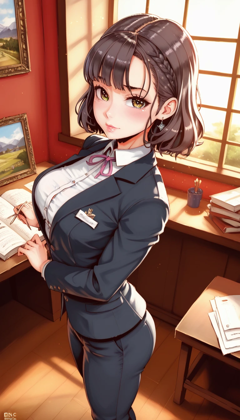 a male, he has a big butt, big filler-lips , short black hair, wear a sexy school-uniforms , look at viewers, holding books, simple background
