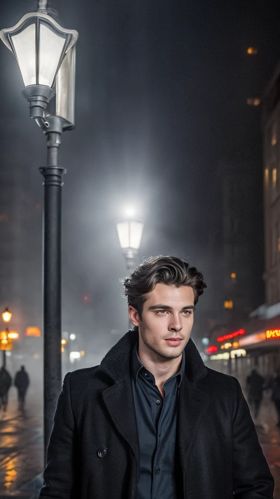 A handsome man with bright eyes,black flowy hair, natural beauty, handsome face,sharp jaw line, photogenic expression, wearing shirt and over coat, in a misty environment, evening time, near a street lamp, in a futuristic city, best quality photo, 16 k resolution, realistic, masterpiece, cinematic, ,penis, looking at camera seductively 