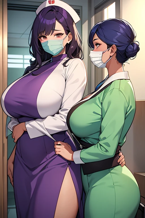  1 girl with giant breasts and a big ass, with brown skin and blue hair, with gray eyes and 1 meter 77 cm tall dressed as a nurse in green colors walking through the corridors of a clinic and another girl with giant breasts and a big ass, with white skin and red eyes, 1 meter 80 cm tall dressed in a purple medical gown and a face mask 