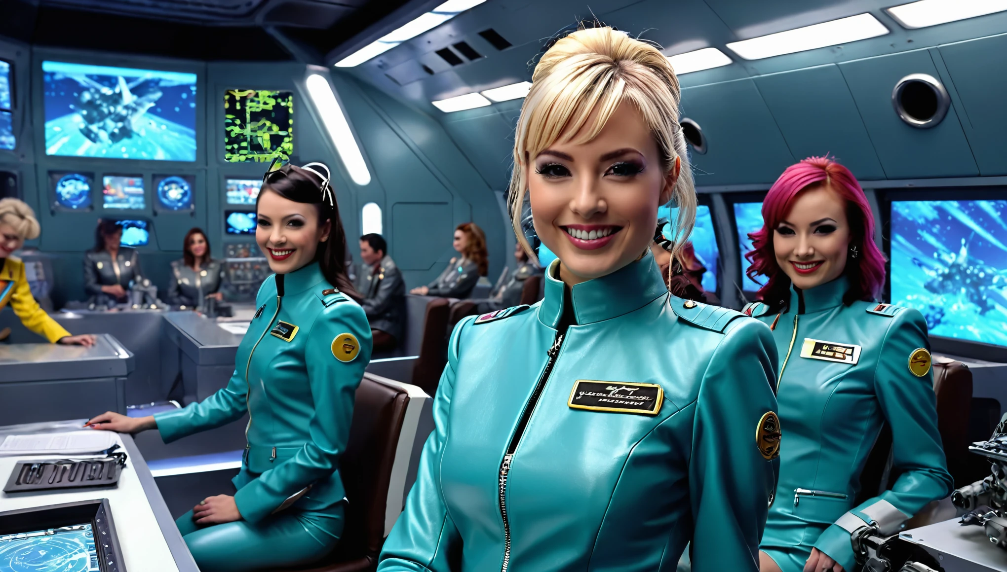 Miss Jenny Dimple and the Jet girls, Teal leather colored uniforms, sharp focus and ultra-fine painting techniques. The colors are vivid and eye-catching, with a mix of bright and pastel tones that bring the scene to life, space ship communication center, monitors, babes with blonde hair and brown hair, future technology, smiles and sexy poses, and people at work. a small humanoid robot sits in the background.