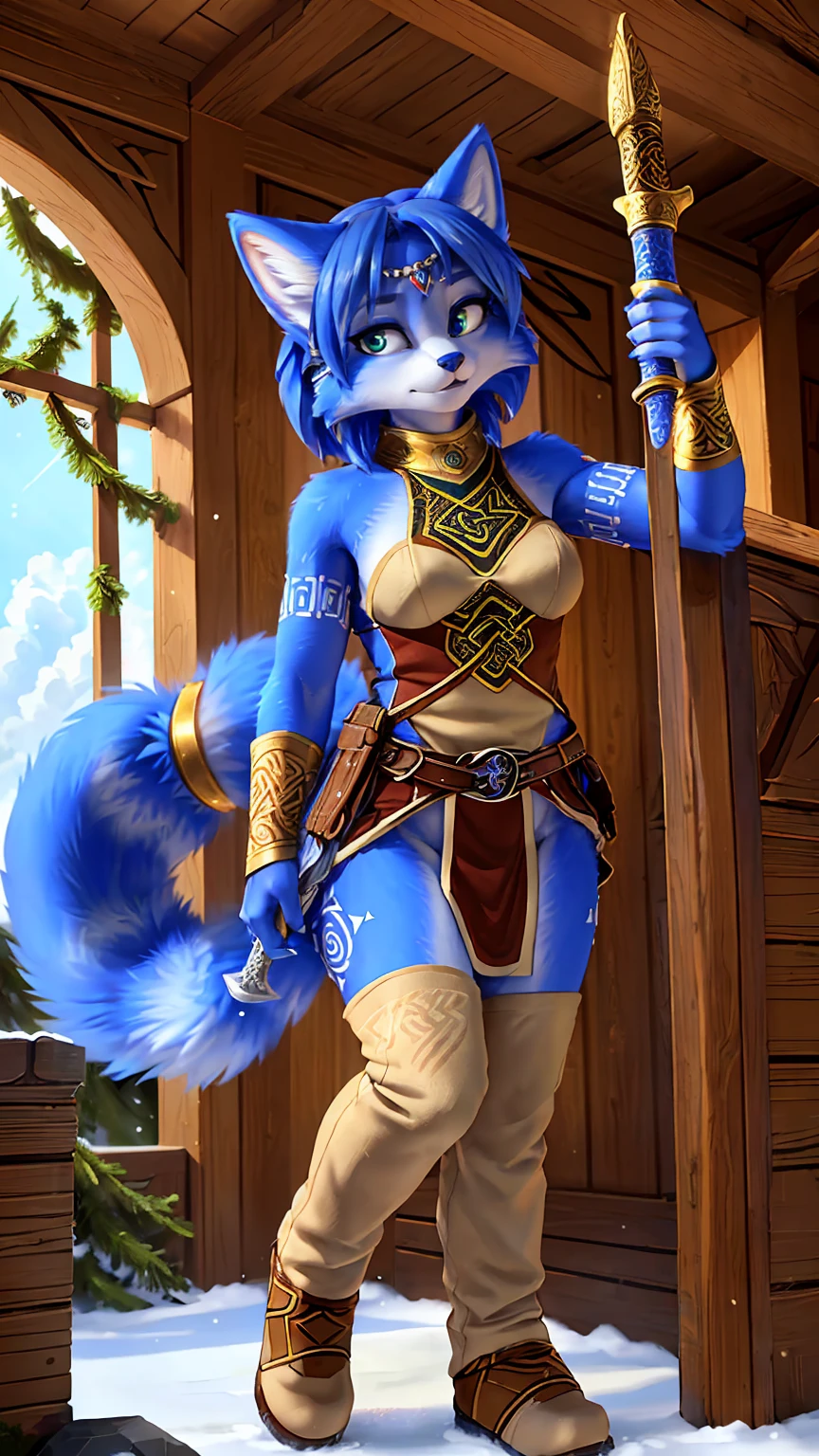 a picture of ((krystal)), Star Fox krystal, lovable, green eyes, medium breasts, (((Long blue hair 1.3))), Decollete, anthro, furry, Uploaded E621, detailed fluffys fell, (von Fluff-Kevlar, Bayard Wu, Pino Daeni), detailed face, (fluffy), 1 girl, alone, sweet girl, alone, ((​masterpiece, highest quality, Highest image quality, High resolution, photorealestic, RAW-Foto, 8k)),  standing in the winter, Winter Wald, (((Wears Celtic medieval warrior clothing))) ,(((holding sword))) , (((complete outfit))), (((ready for battle))), wearing armor, dynamic movement