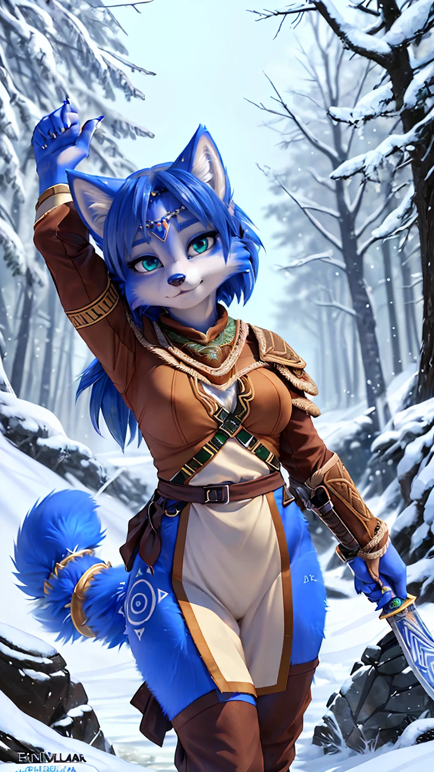 a picture of ((krystal)), Star Fox krystal, lovable, green eyes, medium breasts, (((Long blue hair 1.3))), Decollete, anthro, furry, Uploaded E621, detailed fluffys fell, (von Fluff-Kevlar, Bayard Wu, Pino Daeni), detailed face, (fluffy), 1 girl, alone, sweet girl, alone, ((​masterpiece, highest quality, Highest image quality, High resolution, photorealestic, RAW-Foto, 8k)),  standing in the winter, Winter Wald, (((Wears Celtic medieval warrior clothing))) ,(((holding sword))) , (((complete outfit))), (((ready for battle))), wearing armor, dynamic movement