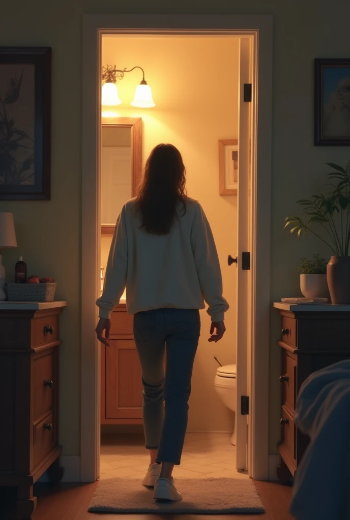 This is a candid, full body, analog film photograph of a woman wearing overalls and nothing else while walking through her kitchen in the middle of the day. casting shadow style, ISO 200 faded film, 35mm photo, grainy, vignette, vintage, Kodachrome, Lomography, stained, highly detailed, found footage