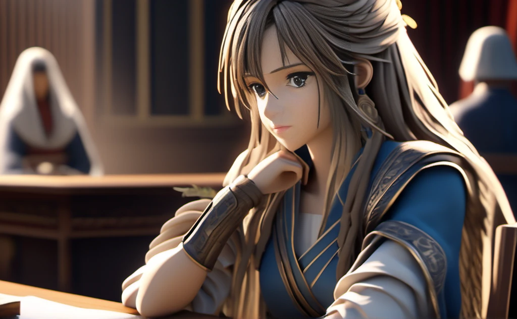 A poor woman,face and eyes on right side, beautifully dressed, sat on a chair in front of a desk, some clothes are on the deskancient times, 3D, realistic anime character, extremely detailed face and eyes, long flowing hair, intricate details, photorealistic, cinematic lighting, dramatic shadows, high quality, masterpiece, 