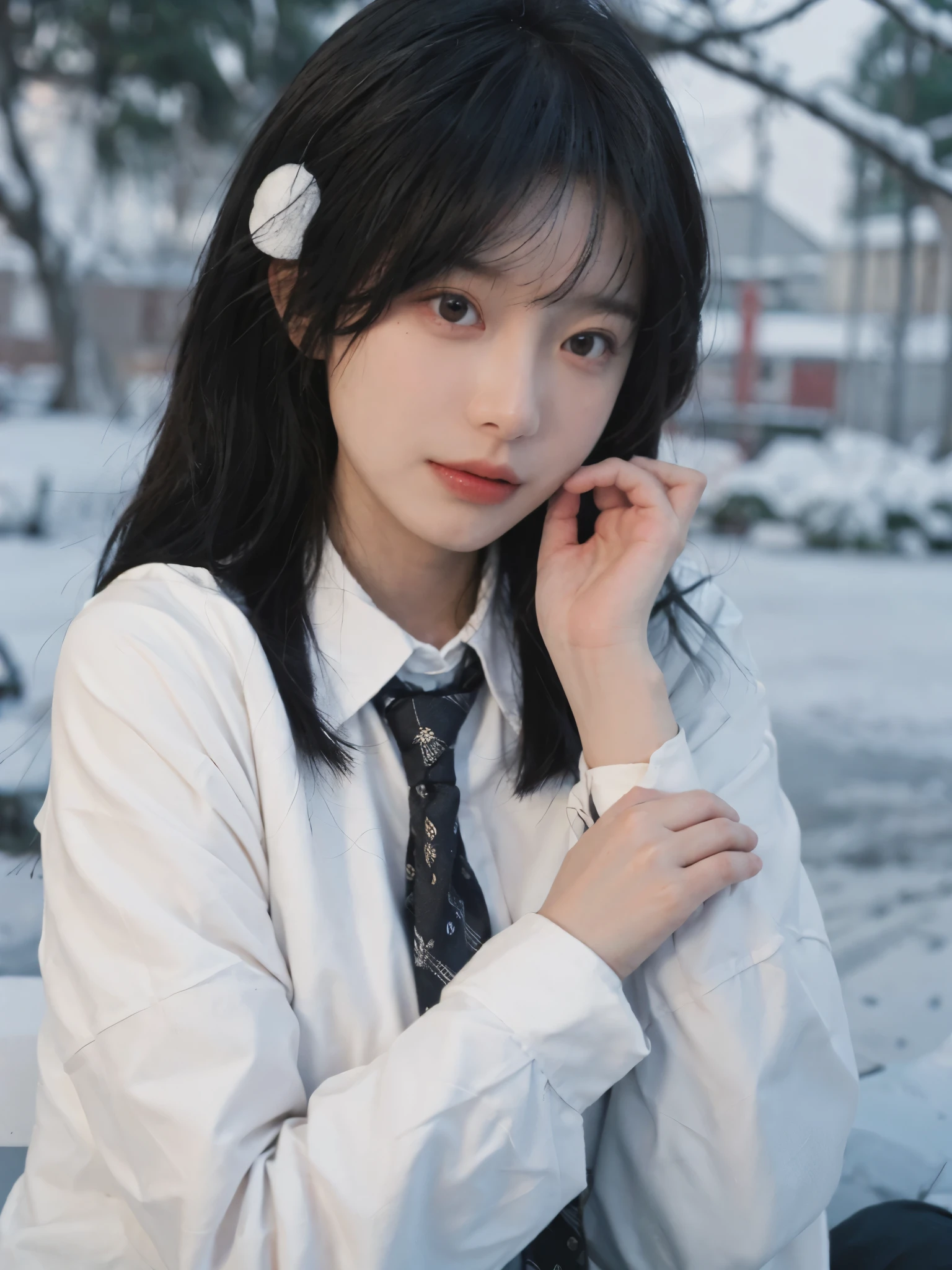 Best quality，masterpiece，Ultra-high resolution，snow，16K,Snow background，（Photo Realism：1.4),1 Girl，JK，Sexy，（Shirt and Tie：1.2),（Big breasts：1.3),（Upper body：1.4)