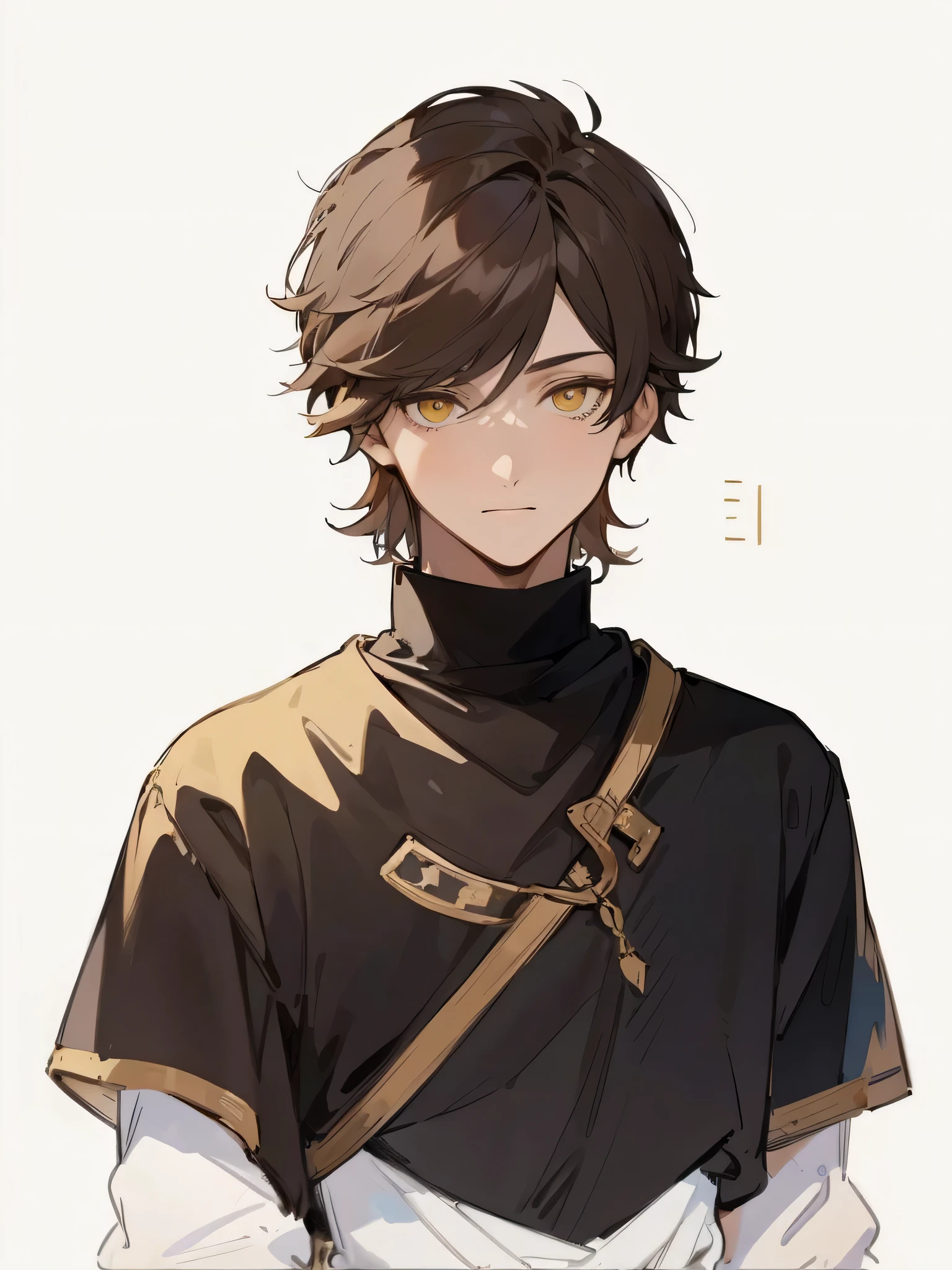 A portrait of young mage, he's wearing black medieval mage robe, his hair is brown and medium hair, he's looking at the viewer with yellow eyes filled with confidence and facial expression show authority. High Resolution, 