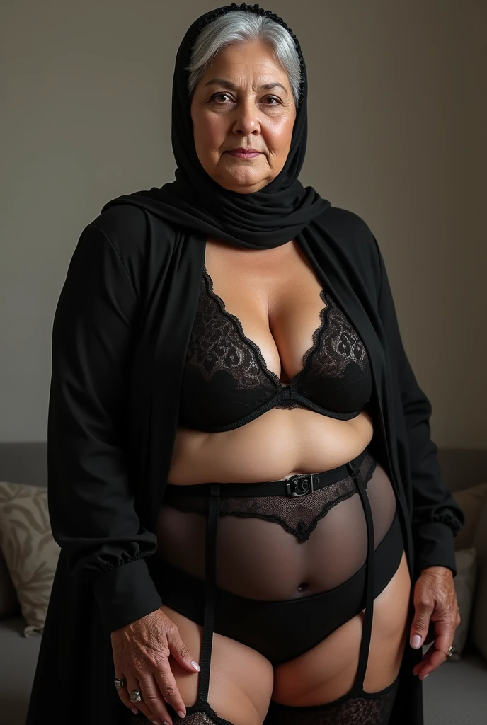 HALF BODY PORTRAIT, (((HIJAB STYLISH))), (((FAT BELLY))), (((OLD LADY:1.4))), (((BIG BREASTS))), (((SEXY LINGERIE NIGHT DRESS))), 66-YEAR-OLD.