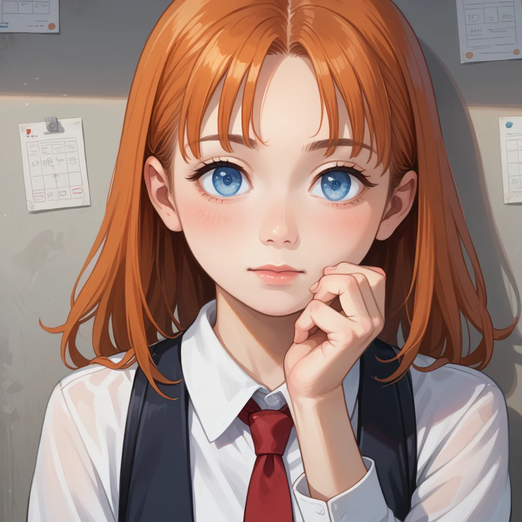 masterpiece, best quality, crossed fingers, (extremely detailed CG unity 8k wallpaper, masterpiece, best quality, ultra-detailed, best shadow), (detailed background), (beautiful detailed face, beautiful detailed eyes), High contrast,1girl, close up of a woman, anime girl with orange hime haircut, light blue eyes and a white shirt and tie, pixiv, female anime character, detailed portrait of anime girl, anime character, realistic anime artstyle, anime girl portrait, crossed fingers, upper body, office suite, anime girl portrait 