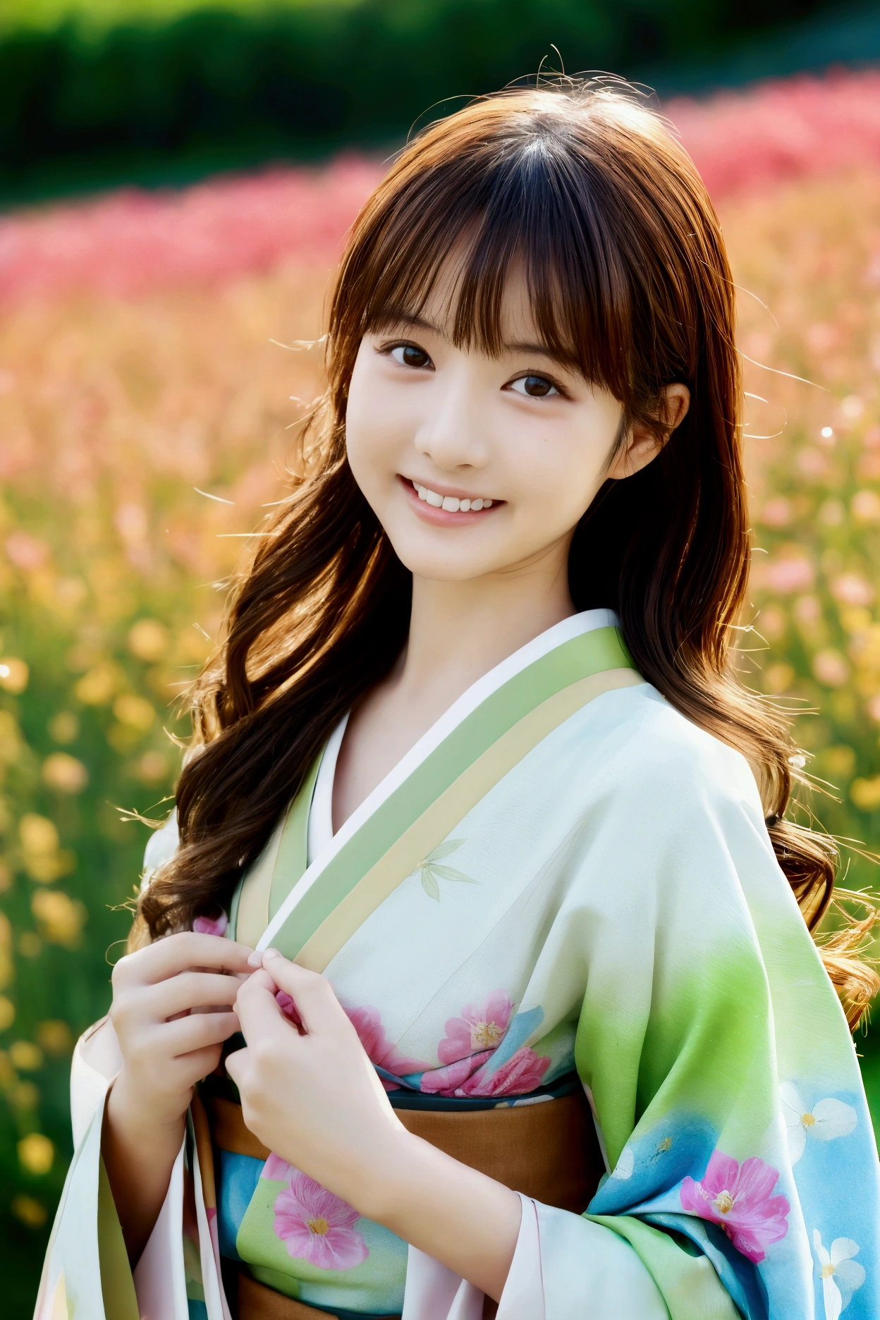 (Japanese 1 female), (Baby Face), (One Girl:1.2), Ultra-detailed, (Pure Eros Face_v1:0.5), cute, smile, 最high quality, high quality, Best image quality, 8k, 最High resolution, High resolution, Colorful flower fields, Flowing brown hair, Colorful kimono, Realistic photos, Healthy body, Beautiful Eyes, Colorful kimono, Soft lighting, Traditional Japanese Beauty、Sharp details、静かでPeaceful atmosphere, Vibrant colors, Peaceful atmosphere, Delicate features, Graceful posture, Beautiful Landscape