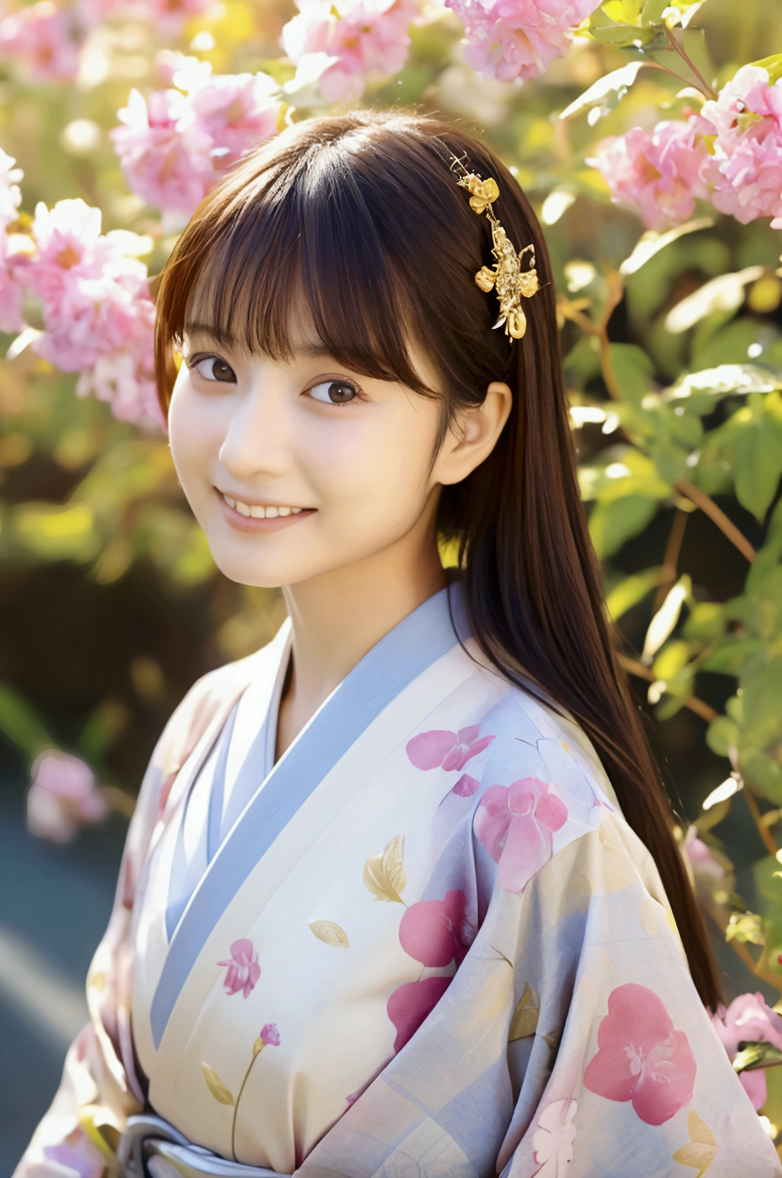 (Japanese 1 female), (), (One Girl:1.2), Ultra-detailed, (Pure Eros Face_v1:0.5), cute, smile, 最high quality, high quality, Best image quality, 8k, 最High resolution, High resolution, Colorful flower fields, Flowing brown hair, Colorful kimono, Realistic photos, Healthy body, Beautiful Eyes, Colorful kimono, Soft lighting, Traditional Japanese Beauty、Sharp details、静かでPeaceful atmosphere, Vibrant colors, Peaceful atmosphere, Delicate features, Graceful posture, Beautiful Landscape