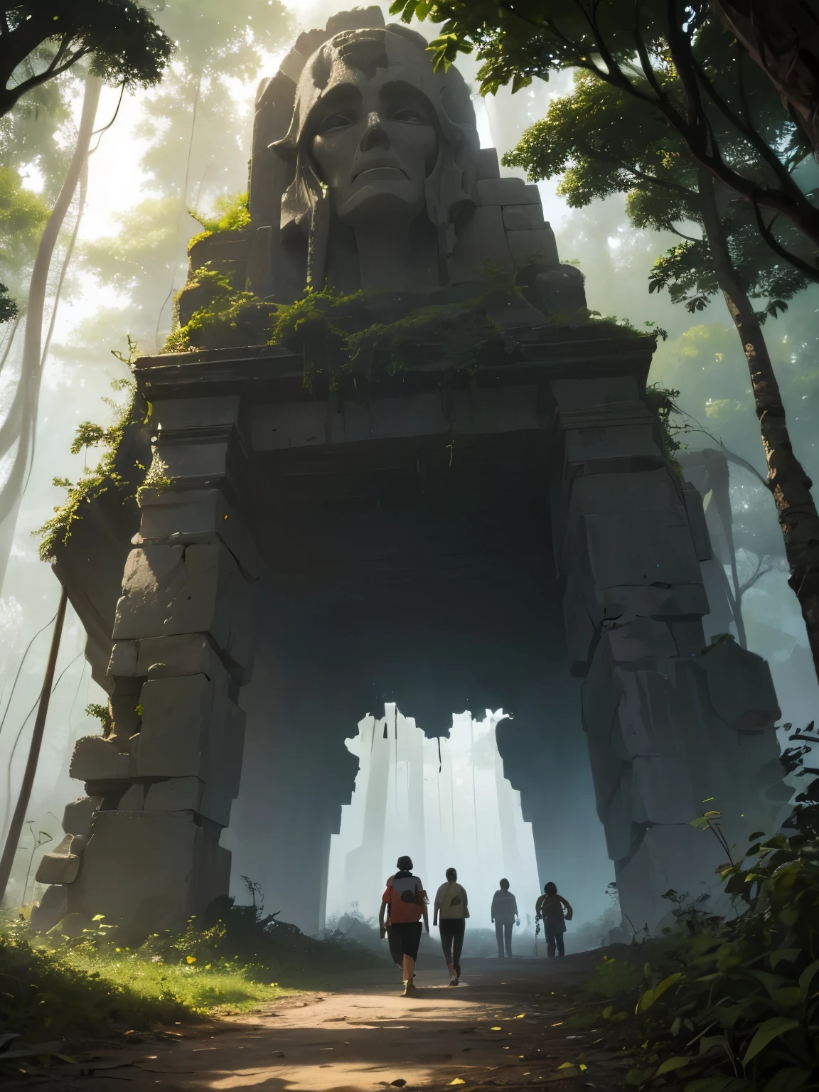 best quality, masterpiece, Ruins of a lost civilization in the jungle、ancient architecture、(The collapsed mysterious colossus)、in a thick fog、A group of several fully equipped explorers、I&#39;m walking down a pathless road