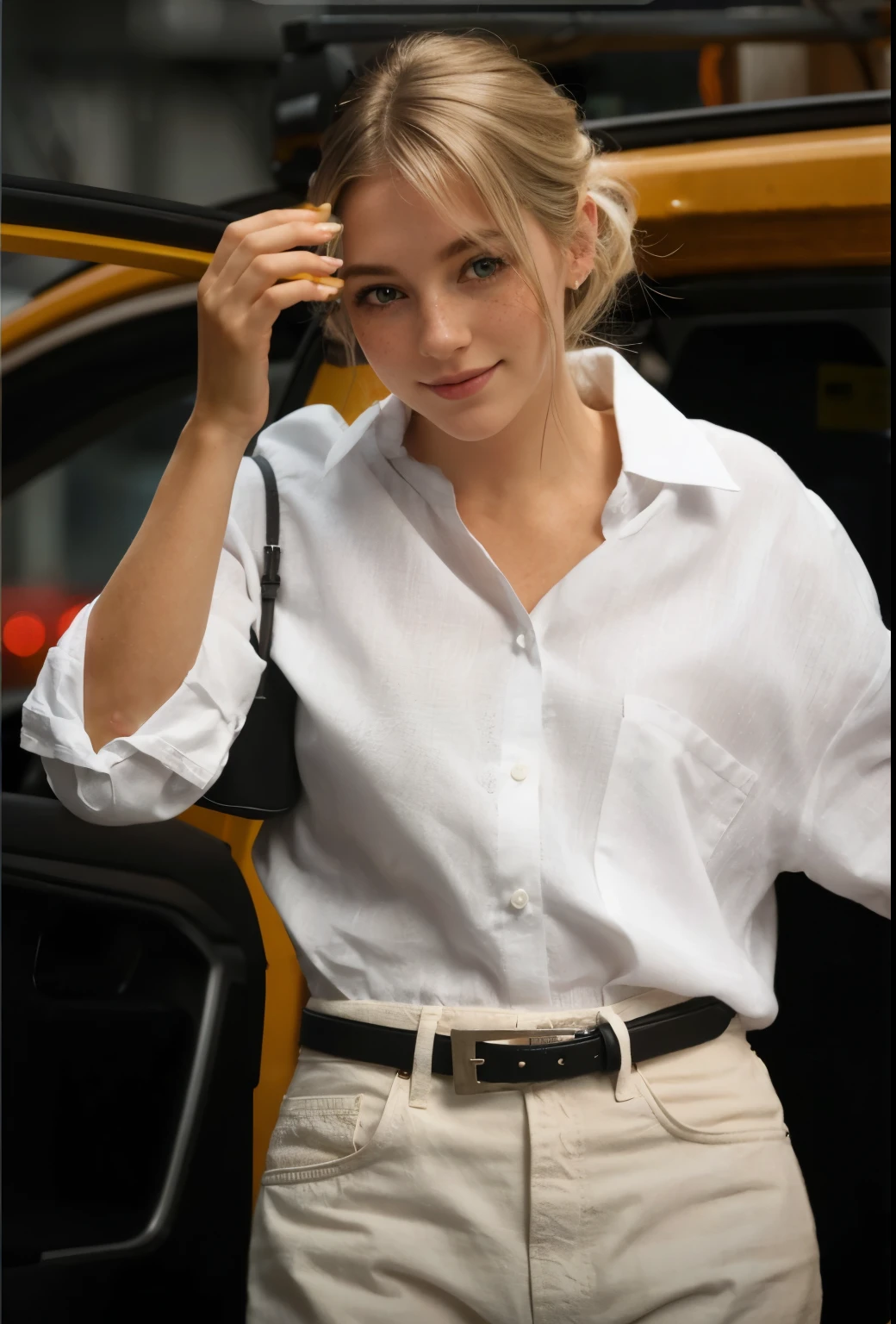 mulher, americana, 25 anos, pale skin and freckles, olhos cinzas, nariz delicado, soft and delicate lips, longo, cabelo blondie ponytail, sorriso meigo, face with delicate feminine facial features, altamente renderizado
