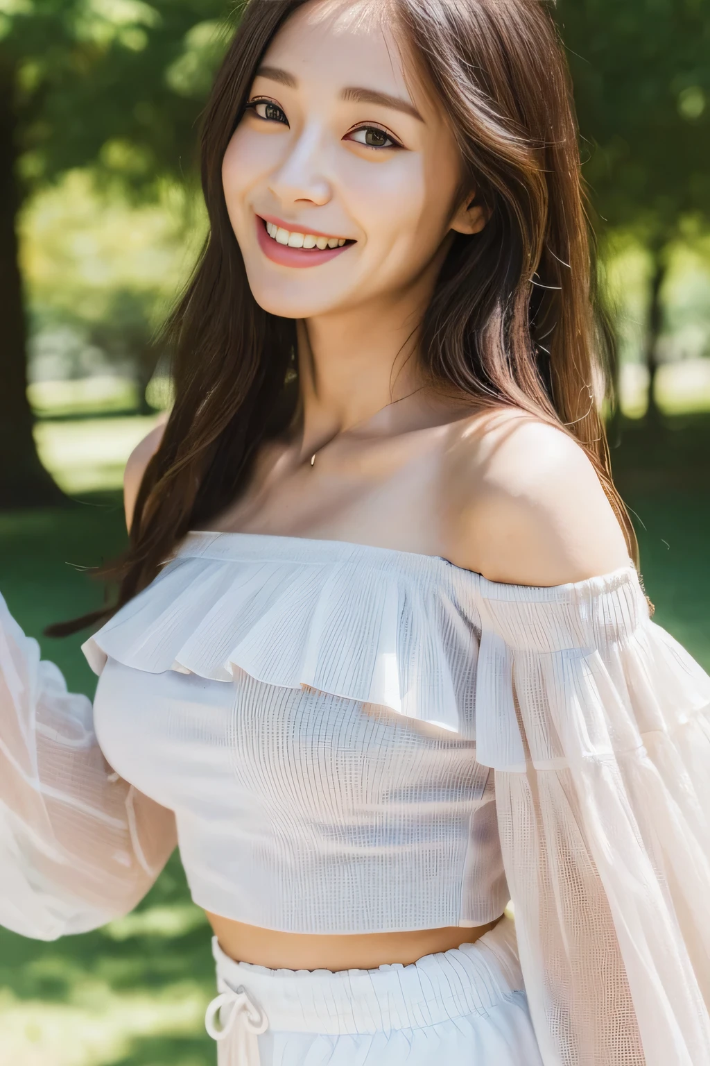 seed:1265693335..((close-up:1.2)).((Highest quality, 8k, masterpiece:1.3)), ((from below:1.1)).concentrated:1.2, Perfect body beauty:1.4, Hips:1.2, ((Delicate Hair)), (A colorful and elegant solid color off-the-shoulder lantern sleeve shirt(Waist,Shorts :1.1) , ((Highest quality、8k、masterpiece:1.3))、1 A cute smile、Esbian all over body、Slim face、Big Boobs、Beautiful woman、(Dark Brown Hair)、Long Hair、1.1、Flickering Valley、Detailed eyes、double eyelid、Blurred Background、超Slim face、smiling face、Cross your arms、Looking down、Walking in the park、
