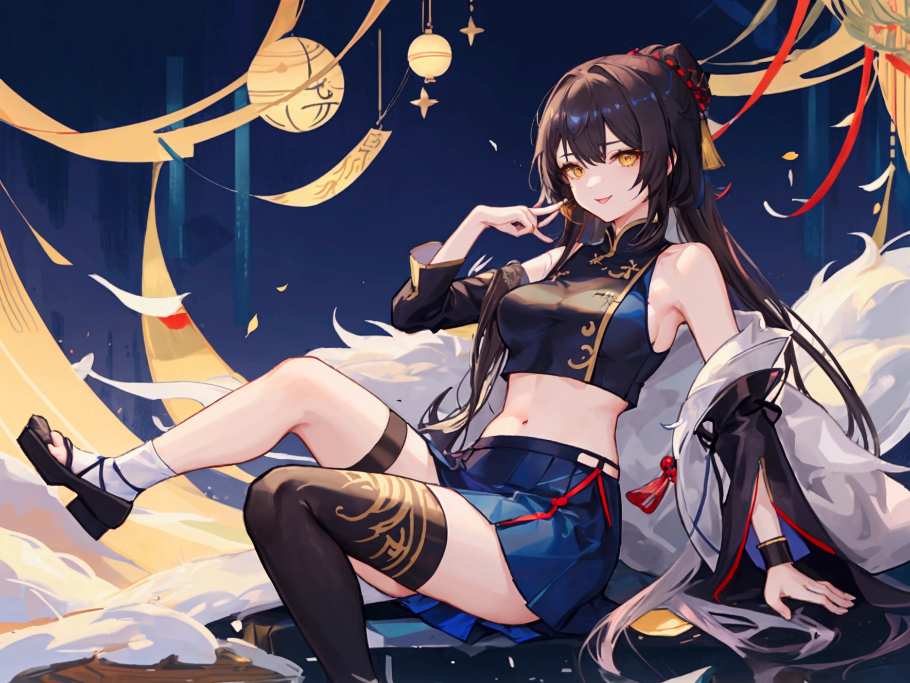 Girl, emale , detailed , {877171} brown color long hair , Yellow eyes , With bangs , A clever look , Leisurely , strong , I put binyeo in , Black sleeveless , Blue short cheongsam , Short white socks , Blue Japanese Slippers , Lycoris radiata , night background , Pianhua , orientalism , Japanese sword , death , anime character , illustration , 独奏 , 1 person , sitting, In the mountains , 나무 의자에 sitting , Myodang , shaman , gentle eyes , laughing , big bust , busty , 18+ , 19+ , adult , mature , Sexy , Sexy한 , navel , tight-fitting clothes , Navy Blue Cheongsam Skirt , Pianhua , Seoksan ,