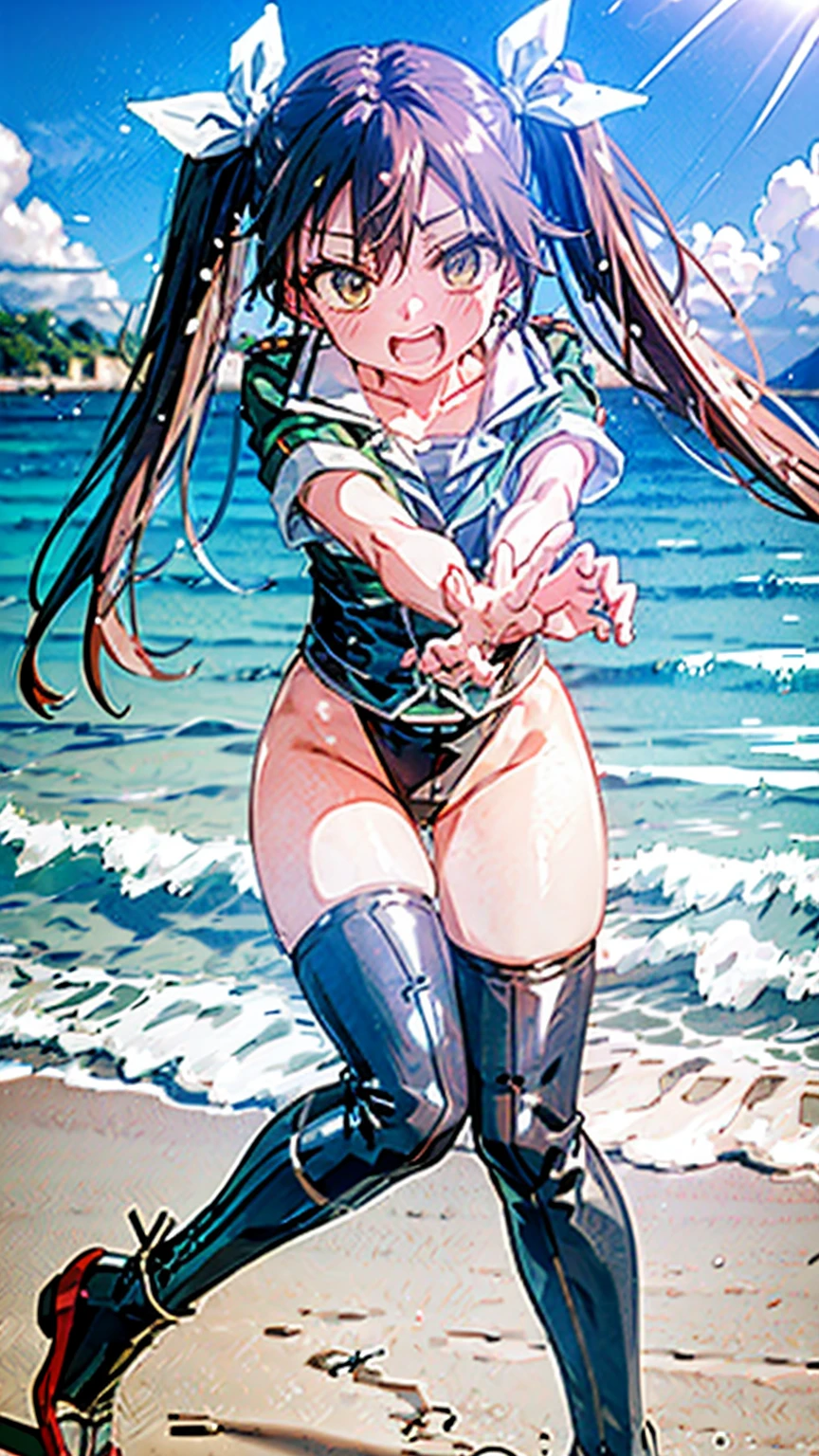 DRAGON BALL,kamehame_wave,kamehameha_kamehame_ha,tone,/(kantai_collection/),(((Having fun splashing around in the water at the beach))),in uniform,twintail_hair,closed_one_eye