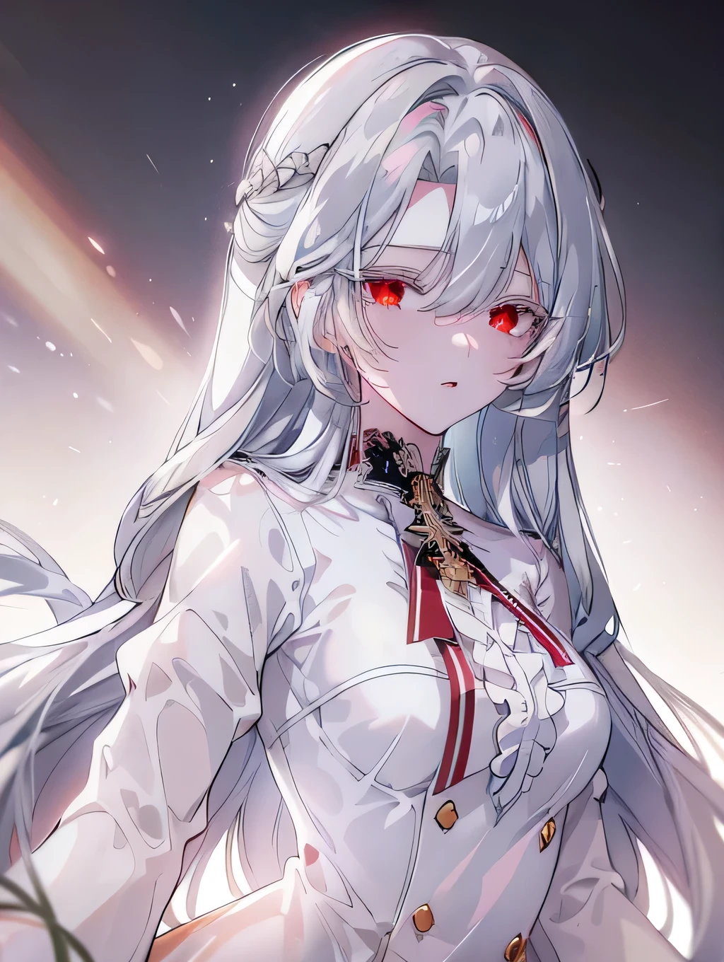 Raviel Ivansia,  1girl, princess, academy uniform, bangs, gray background, hair between eyes, small breasts, long hair, looking at viewer, lips parted, red eyes, solo, white hair, (glossy skin), (masterpiece:1.4), (best quality:1.4),mature female,fashi-girl,red lips