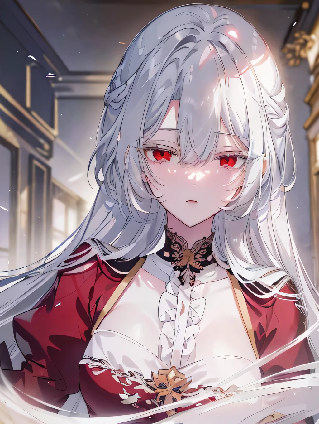 Raviel Ivansia,  1girl, princess, academy uniform, bangs, gray background, hair between eyes, small breasts, long hair, looking at viewer, lips parted, red eyes, solo, white hair, (glossy skin), (masterpiece:1.4), (best quality:1.4),mature female,fashi-girl,red lips