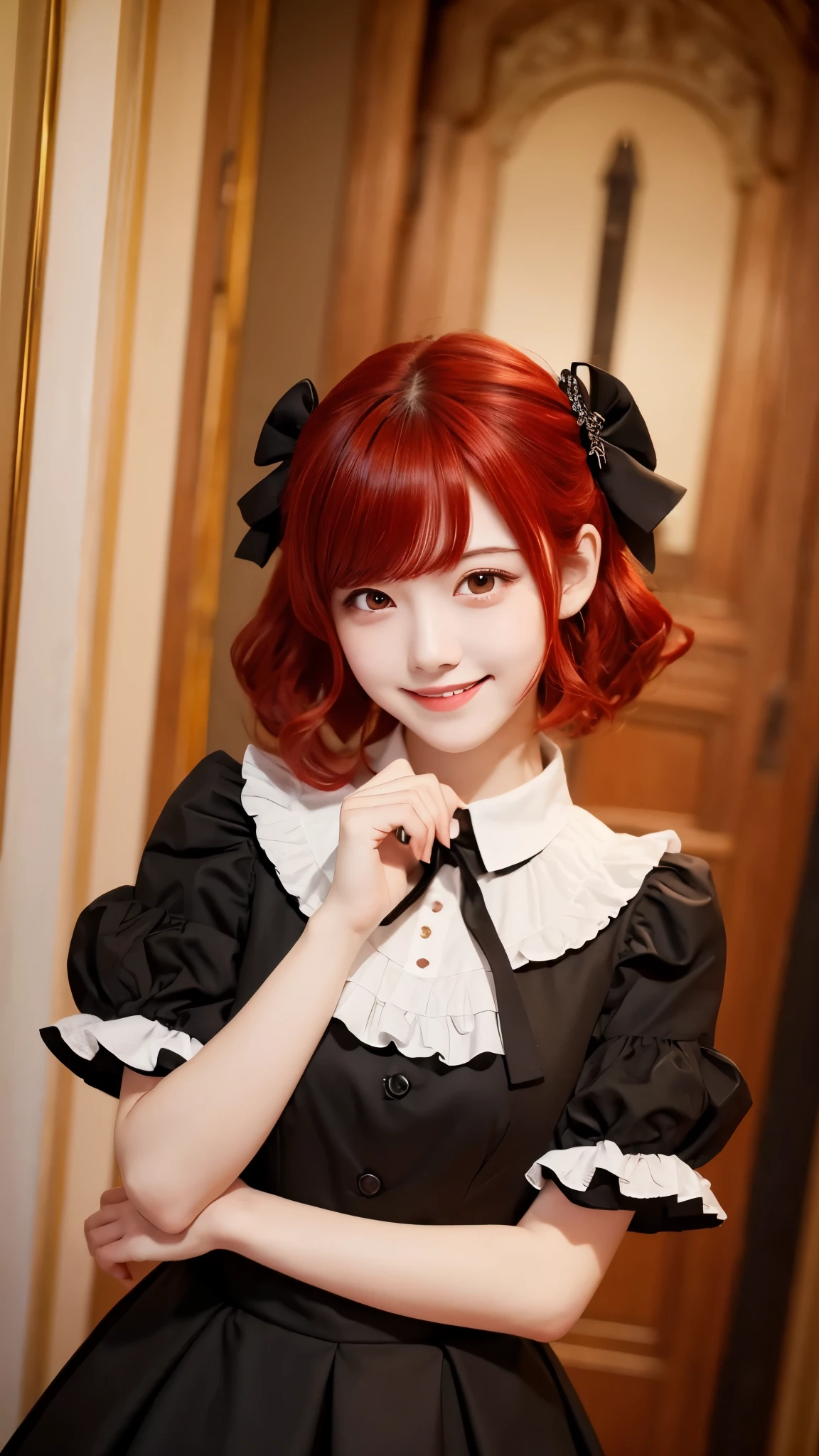 In maid clothes 、whole body、Photo taken from below、one beautiful maid、red hair long bob hair、hair ornaments、indoor