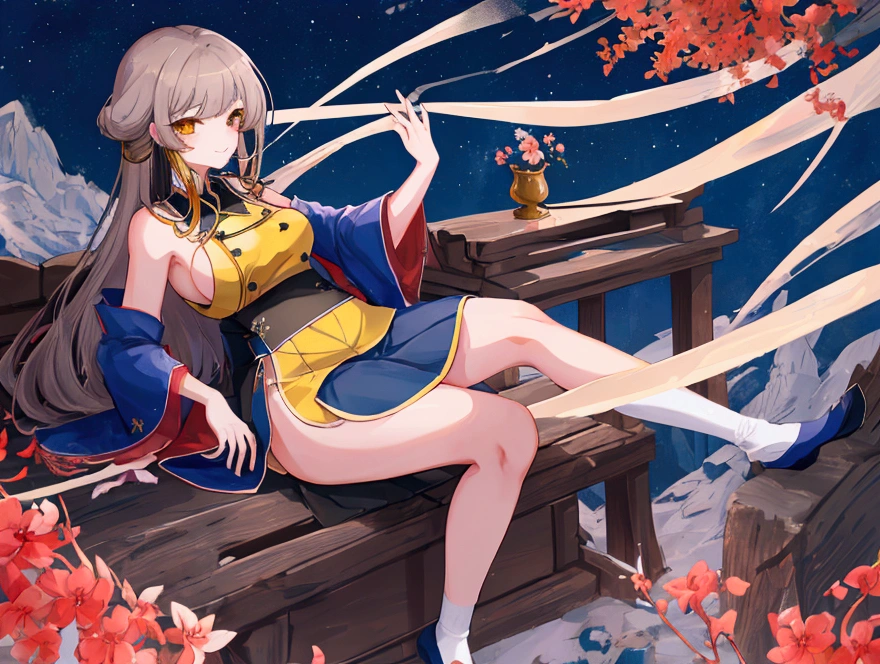 Girl, emale , detailed , {877171} brown color long hair , Yellow eyes , With bangs , A clever look , Leisurely , strong , I put binyeo in , Black sleeveless , Blue short cheongsam , Short white socks , Blue Japanese Slippers , Lycoris radiata , night background , Pianhua , orientalism , Japanese sword , death , anime character , illustration , 独奏 , 1 person , sitting, In the mountains , 나무 의자에 sitting , Myodang , shaman , gentle eyes , laughing , big bust , busty , 18+ , 19+ , adult , mature , Sexy , Sexy한 , tight-fitting clothes , Navy Blue Cheongsam Skirt , Pianhua , Seoksan ,