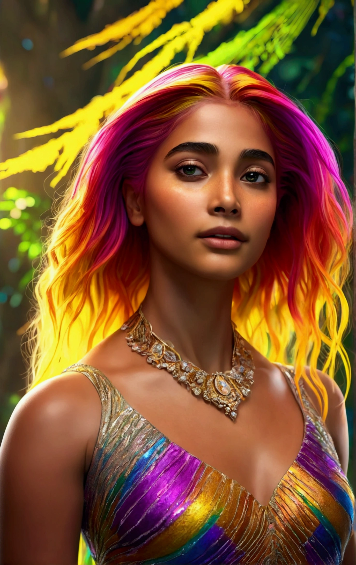 a beautiful, photorealistic illustration of a young girl with vibrant yellow or rainbow-colored hair, highly detailed, masterful, 8k resolution, cinematic lighting, dynamic pose, serene expression, intricate hair strands, glowing skin, delicate facial features, elegant dress, lush natural surroundings