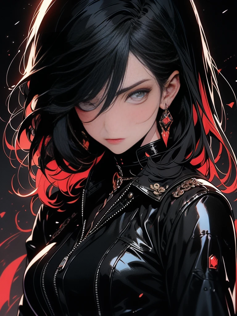 A  closeup portrait of a noble yet rebellious young woman with short, sleek black hair styled in a sharp bob that grazes just below her jawline. She wears a luxurious, form-fitting black leather outfit with intricate red accents, including a high-necked top, tight leather pants, and a long coat with a red lining and luxurious fur trim around the collar and cuffs. Her combat-style boots and confident posture enhance her fierce and sophisticated look. The background is a clean black with a spotlight effect that highlights her, creating a dramatic and powerful contrast. Zenooe Artstyle, HD, UHD.