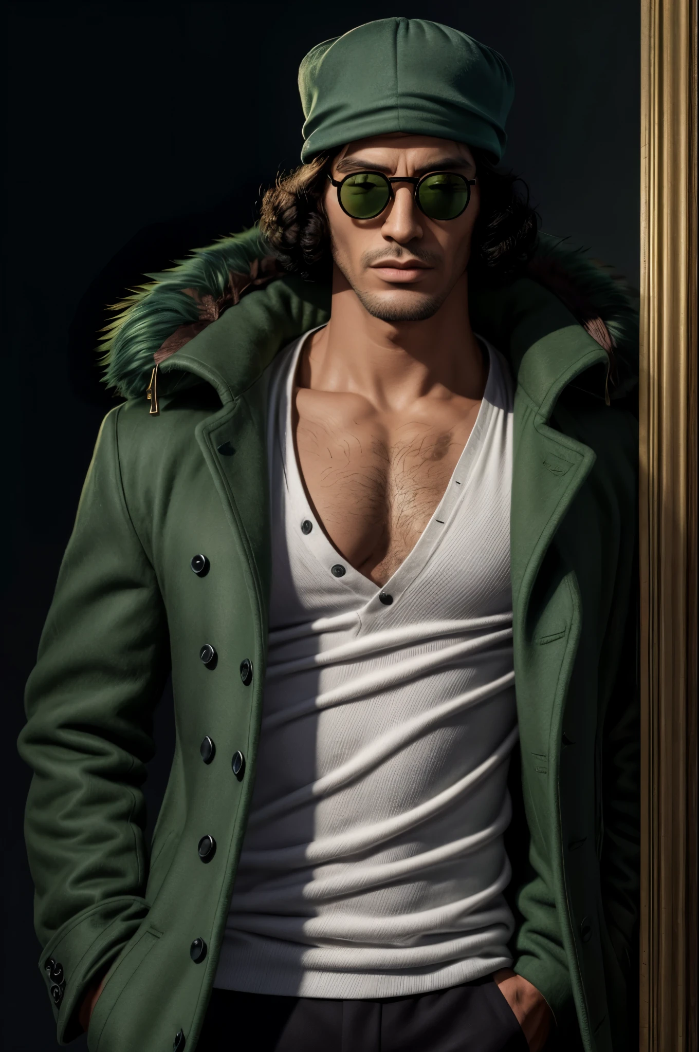 masterpiece, best quality, extremely detailed, hyperrealistic, photorealistic, a cool 40s man, hat, sunglasses, green fur-trimmed coat, white shirt, burn mark on right shoulder