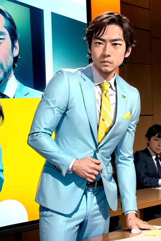 male, solo, ((Light blue suit))、((Yellow Shirt)),  Iris、Thinning hair, 7:3 part hairstyle, Frowning、Big nose、Thick lips、Lecture demo