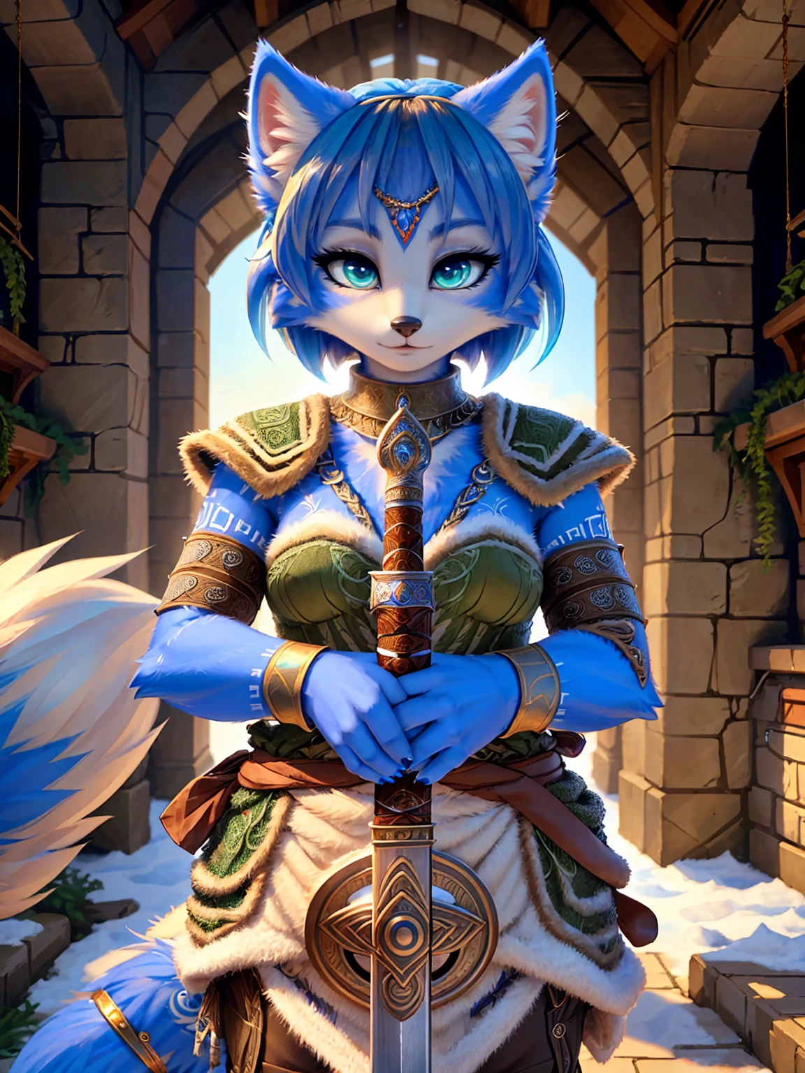 a picture of ((krystal)), Star Fox krystal, lovable, green eyes, medium breasts, (((Long blue hair 1.3))), Decollete, anthro, furry, Uploaded E621, detailed fluffys fell, (von Fluff-Kevlar, Bayard Wu, Pino Daeni), detailed face, (fluffy), 1 girl, alone, sweet girl, alone, ((​masterpiece, highest quality, Highest image quality, High resolution, photorealestic, RAW-Foto, 8k)), wavy medium length haircut, Fur all over the body,Looking for a cock, standing in the winter foAuflösungt, (((Wears Celtic medieval warrior clothing))) ,(((holding sword))) , (((complete outfit))), (((ready for battle))), secure content, ((High quality)),