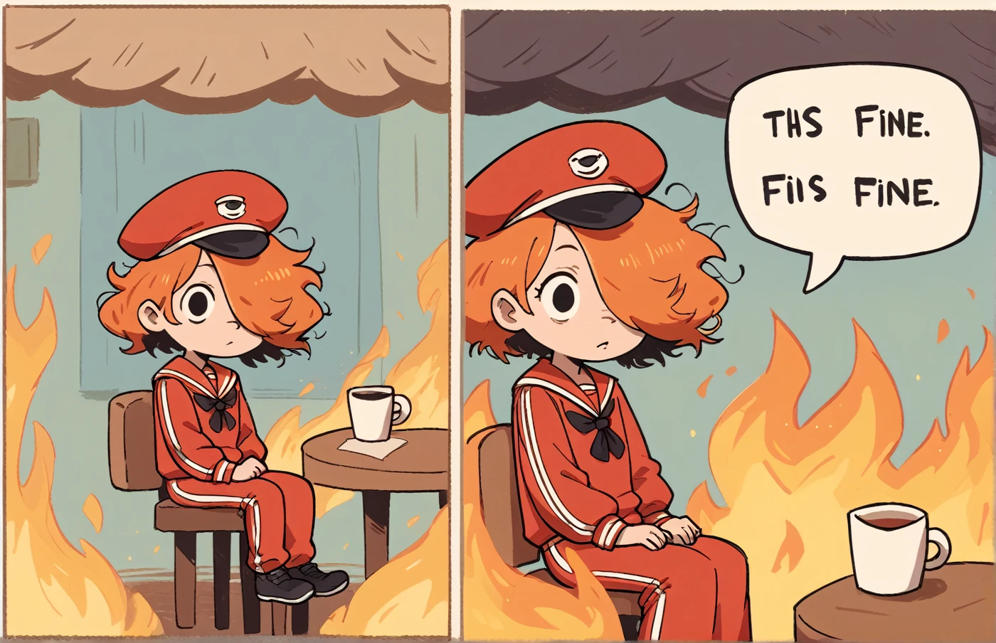 score_9, score_8_up, score_7_up, 2koma, comic, fire, sitting, speech bubble, burning, table, chair, cup, hair over eye, orange hair, messy hair, sailor hat, red tracksuit, Style of MFKZ and OddTaxi