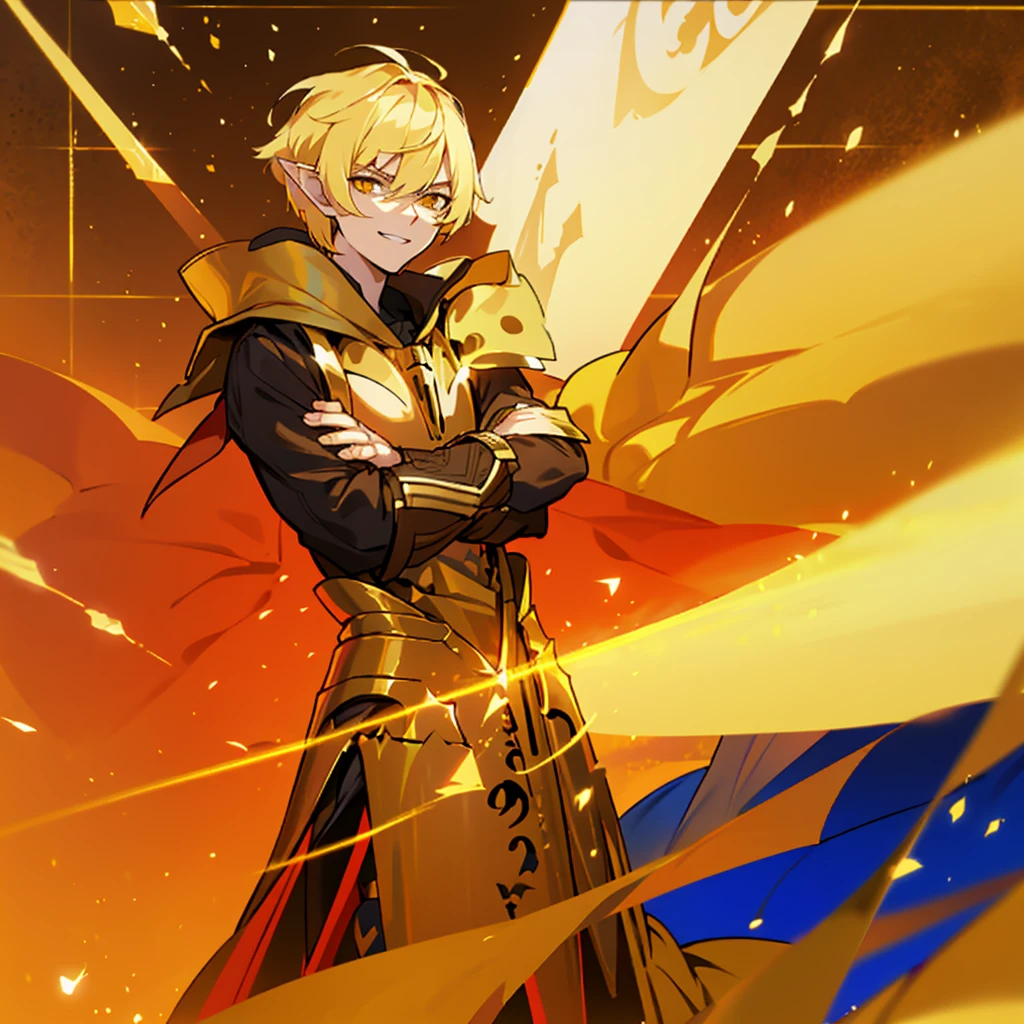 elf, man, male, intelligent, grinning, arms crossed, standing, very short hair, short hair, blonde, golden eyes, slant eyes, sanpaku, pale skin, toned body, gold background, outside, on the salt flat, fantasy, beautiful, coat, straight hair, gilgamesh, pointy ears, golden eyes