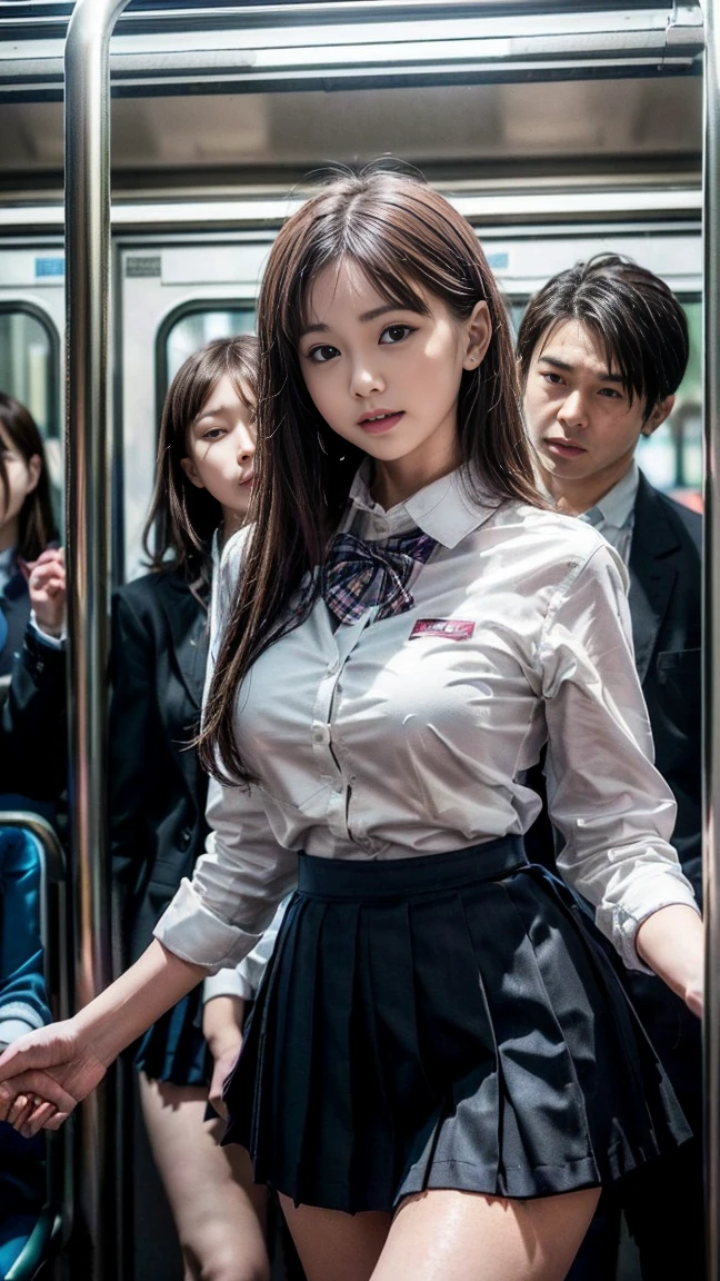 masterpiece, Highest quality, 8k, Young and beautiful girl, 、The clothes are big、photo shoot, Cute Face, Thighs, (((多くのmale、Crowded train、in the train、Surrounded by men、be impressed、Crazy behavior))) (((Embarrassing)))、Embarrassing、No makeup, 10 generations, Detailed face, Background Blur、Tight waist、((((School uniforms、White shirt、Checked mini skirt、Lift up your skirt、Showing pussy、Show me your pussy)))), short hair、Light brown hair、((痛みに耐えながら自分でLift up your skirtください..))、Bright classroom、Thighs、Spread your legs、short hair、(Droopy eyes、Round face、cute)、((Many Hands、Iの全身に触れてください))、(Please be molested by many men、I&#39;I was molested from behind)、genital、(Touching the body、chestをこすった、Having your groin touched、Many Handsに、Touching pussy)、(((male hugging each other、多くのmaleが後ろから抱きしめている、male, Please pet the girls.&#39; chest)))