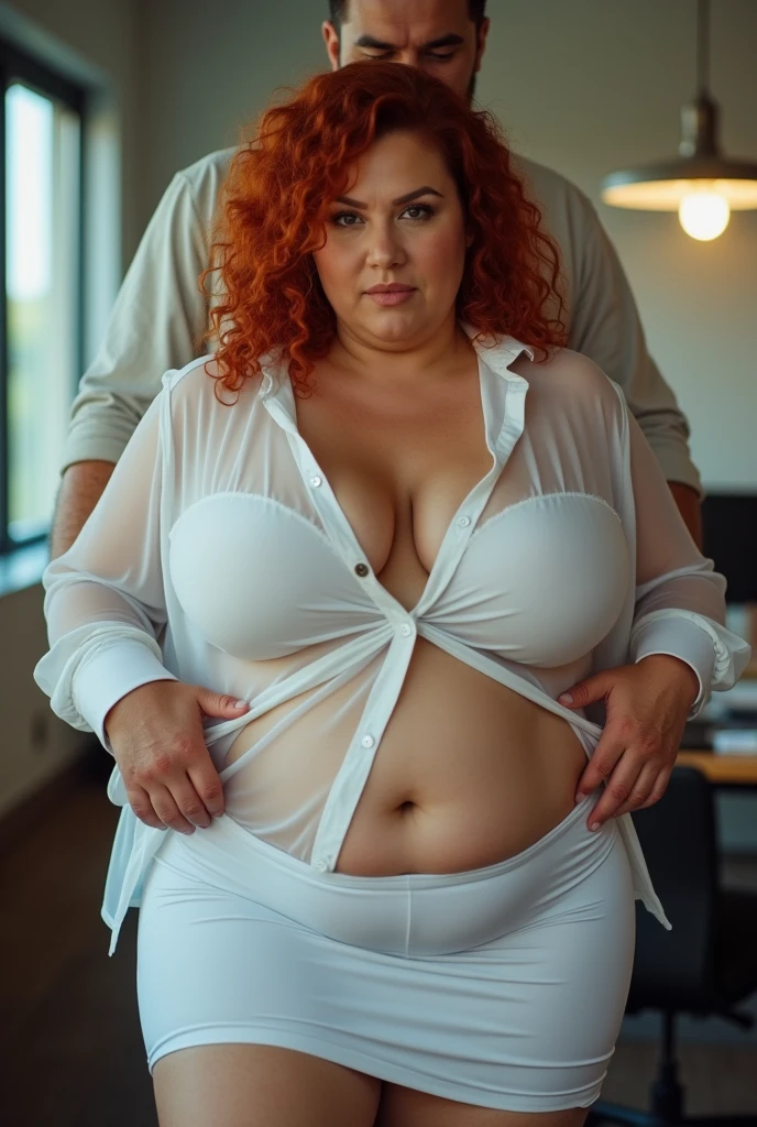 Sexy Russian chubby big boobs cleavage show redhead librarian and messy bun, sexy wearing t shirt sleeveless Short skirt. Standing in front of balcony big boobs strapless tshirt