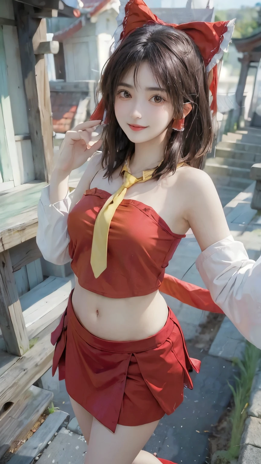 ((nsfw)), gatorade, masterpiece, best quality, 8k, absurdres, ((cowboy shot)), ((Touhou Project)), ((hakurei reimu)), Cosplay, (((medium hair))), (((bangs))), (((red ribbon))), (((red top))), BREAK, (((Yellow tie))), BREAK, (white collar), ((Exposed shoulders)), ((medium breasts)), (((Light Clothing))), (((Navel))), BREAK, ((Red skirt)), beautiful girl, pretty face, looking at viewer, smile, ultra realistic, highres, photography, film grain, chromatic aberration, sharp focus, HDR, facelight, dynamic lighting, cinematic lighting, professional shadow, highest detailed, extreme detailed, ultra detailed, finely detail, real skin, delicate facial features, detailed face and eyes, sharp pupils, realistic pupils, ((looking at viewer)), ((pose)), ((happy smile)), (realistic, hyperrealistic:1.4), 16k hdr, from above, ((Blue sky)), (((shrine)))