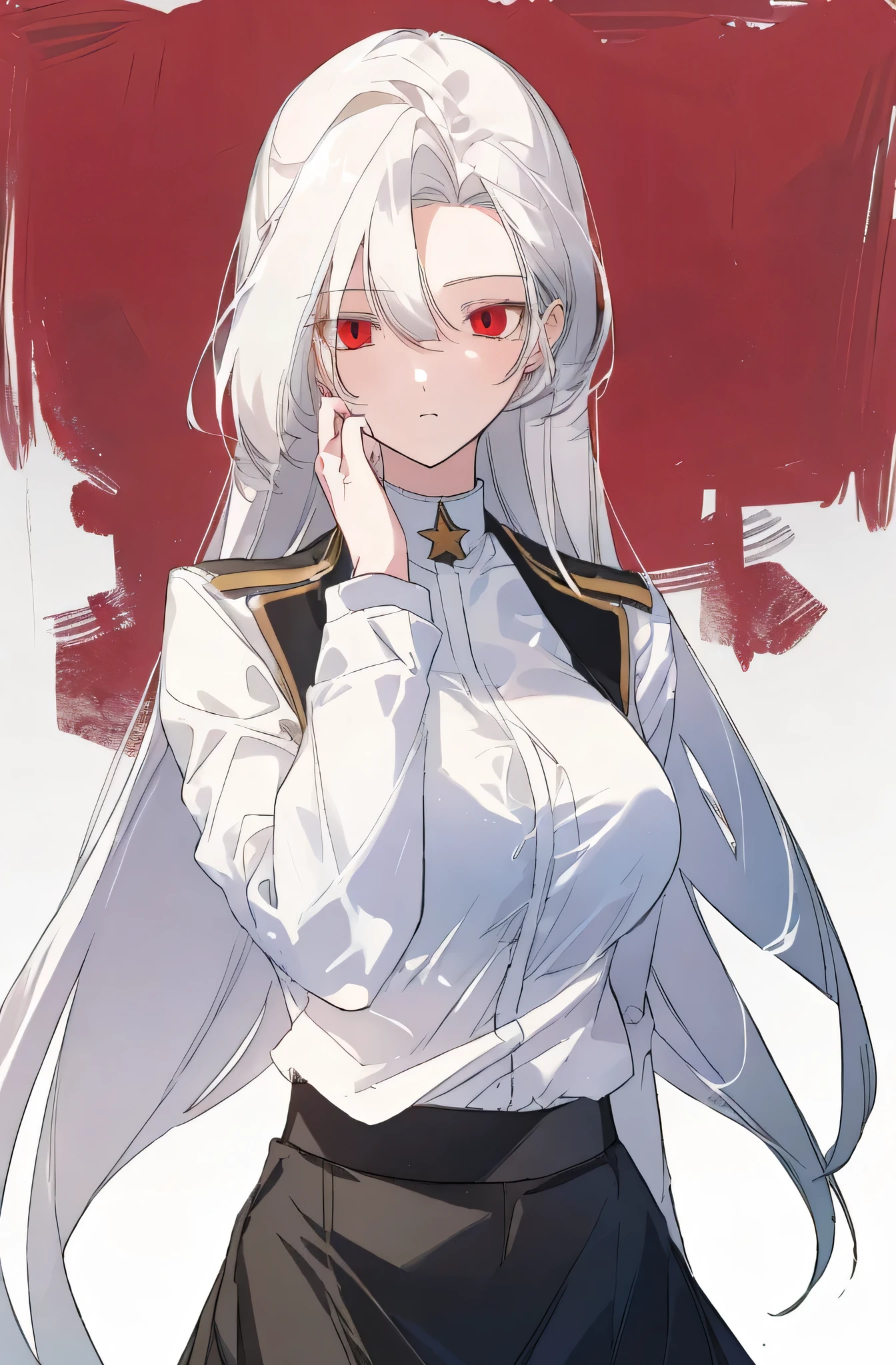 masterpiece, (best quality), 1girl , white hair, Raviel, red eyes, academy uniform, white shirt, black skirt