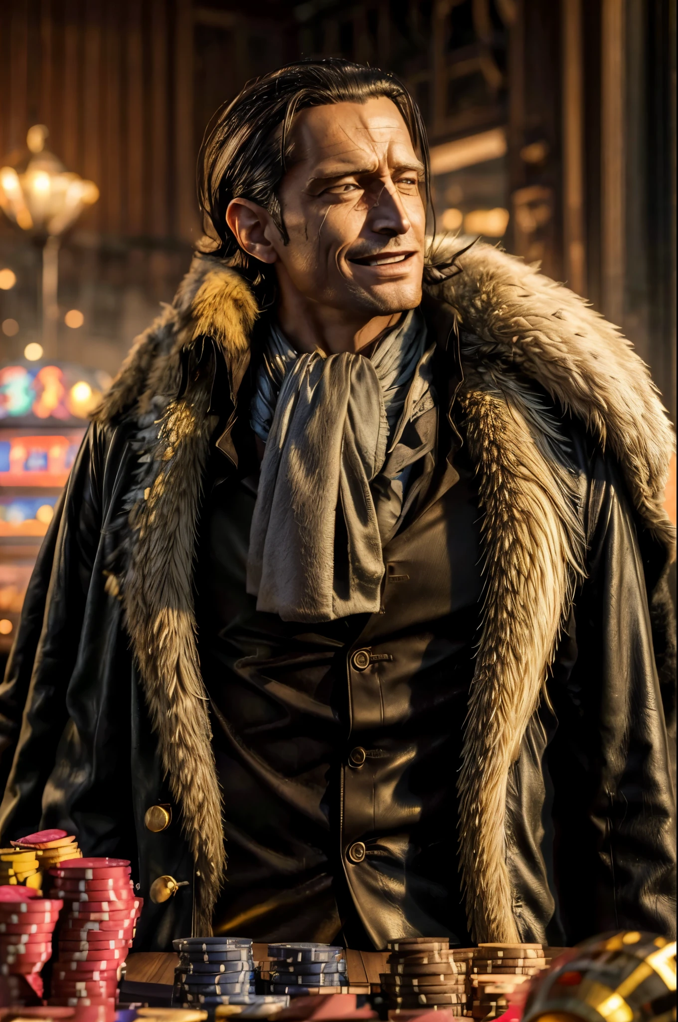 masterpiece, best quality, extremely detailed, hyperrealistic, photorealistic, a cool 40s man, ultra detailed face:1.2, fur-trimmed coat, scarf around the neck, his left hand is a golden pirate hook:1.1, cigar, sly smile, from side, artistic jump, strenuous movements, from below, dynamic angle, slot machines, roulette table, chips piled up on the table